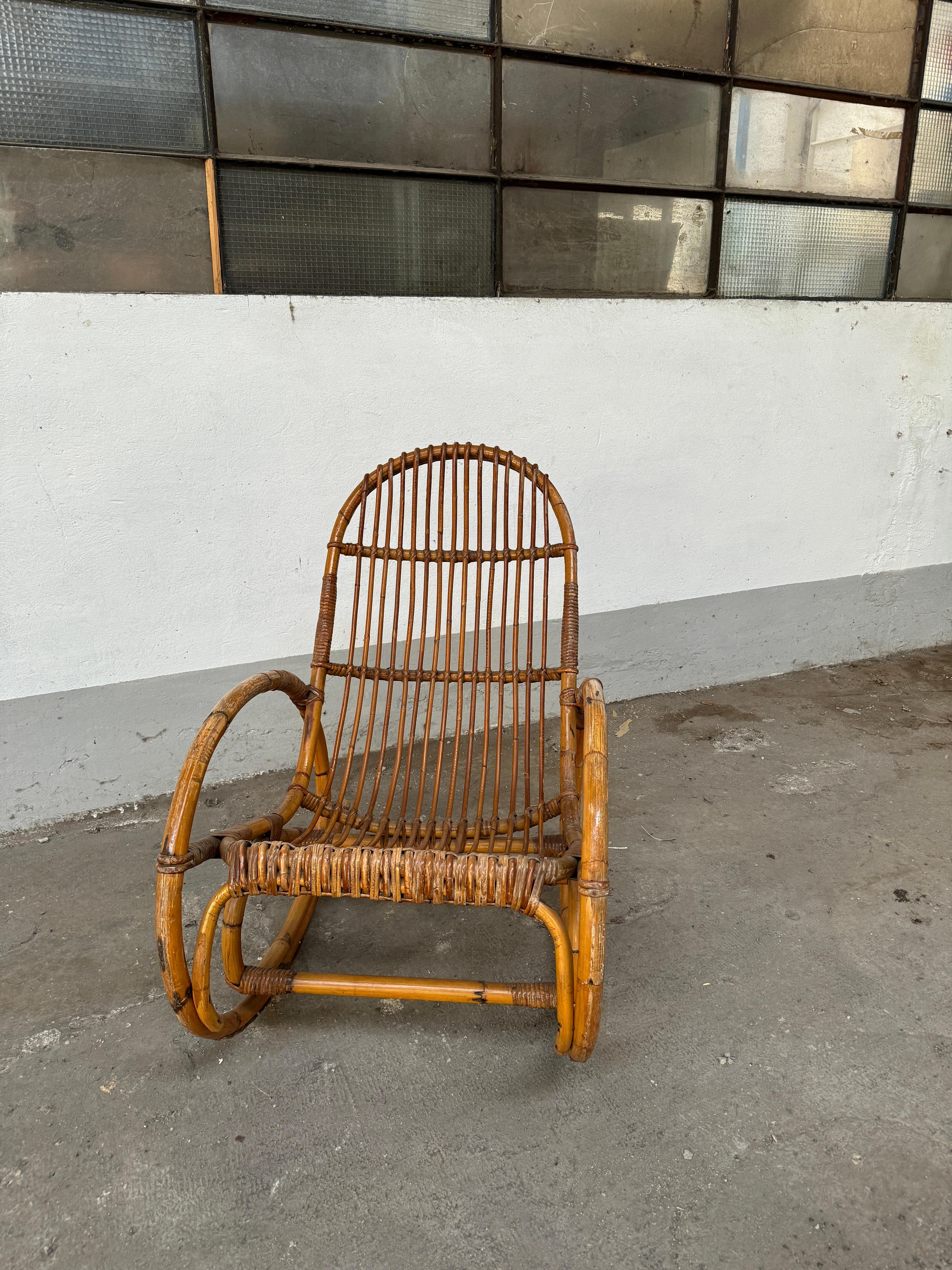 Mid-20th Century Mid-Century Modern Italian Bamboo and Rattan Rocking Chair. 1960s