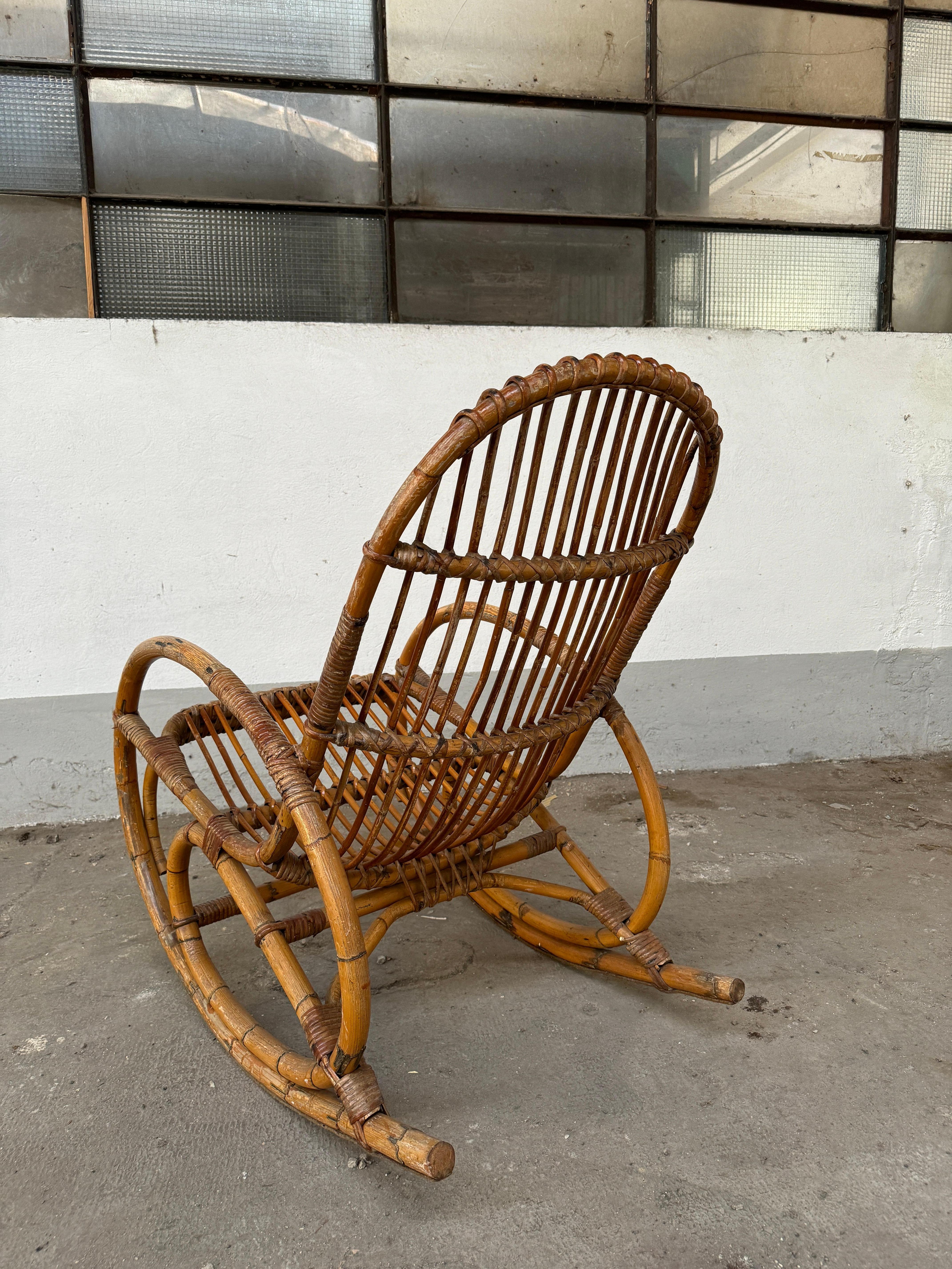 Mid-Century Modern Italian Bamboo and Rattan Rocking Chair. 1960s 2