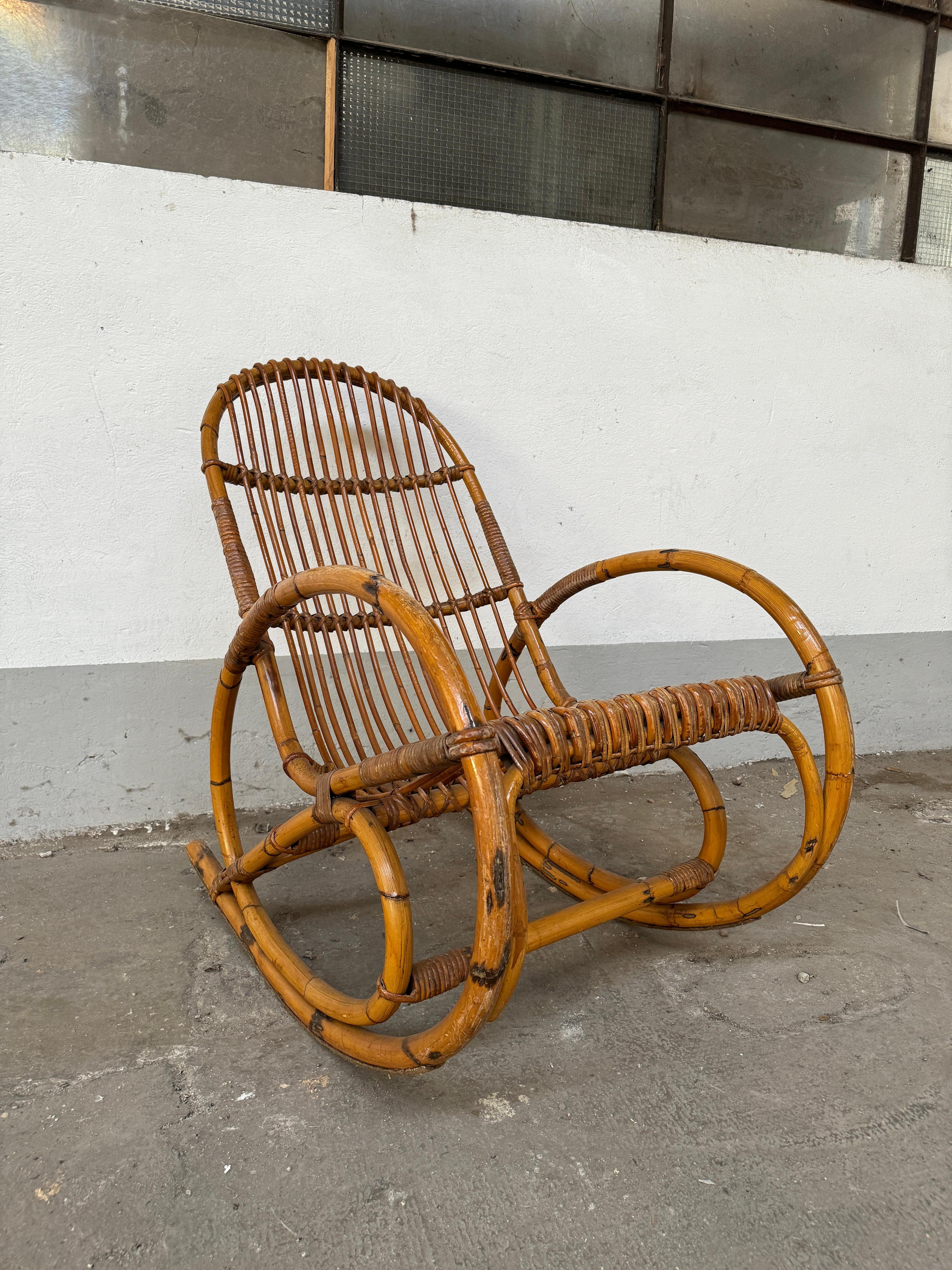 Mid-Century Modern Italian Bamboo and Rattan Rocking Chair. 1960s 3