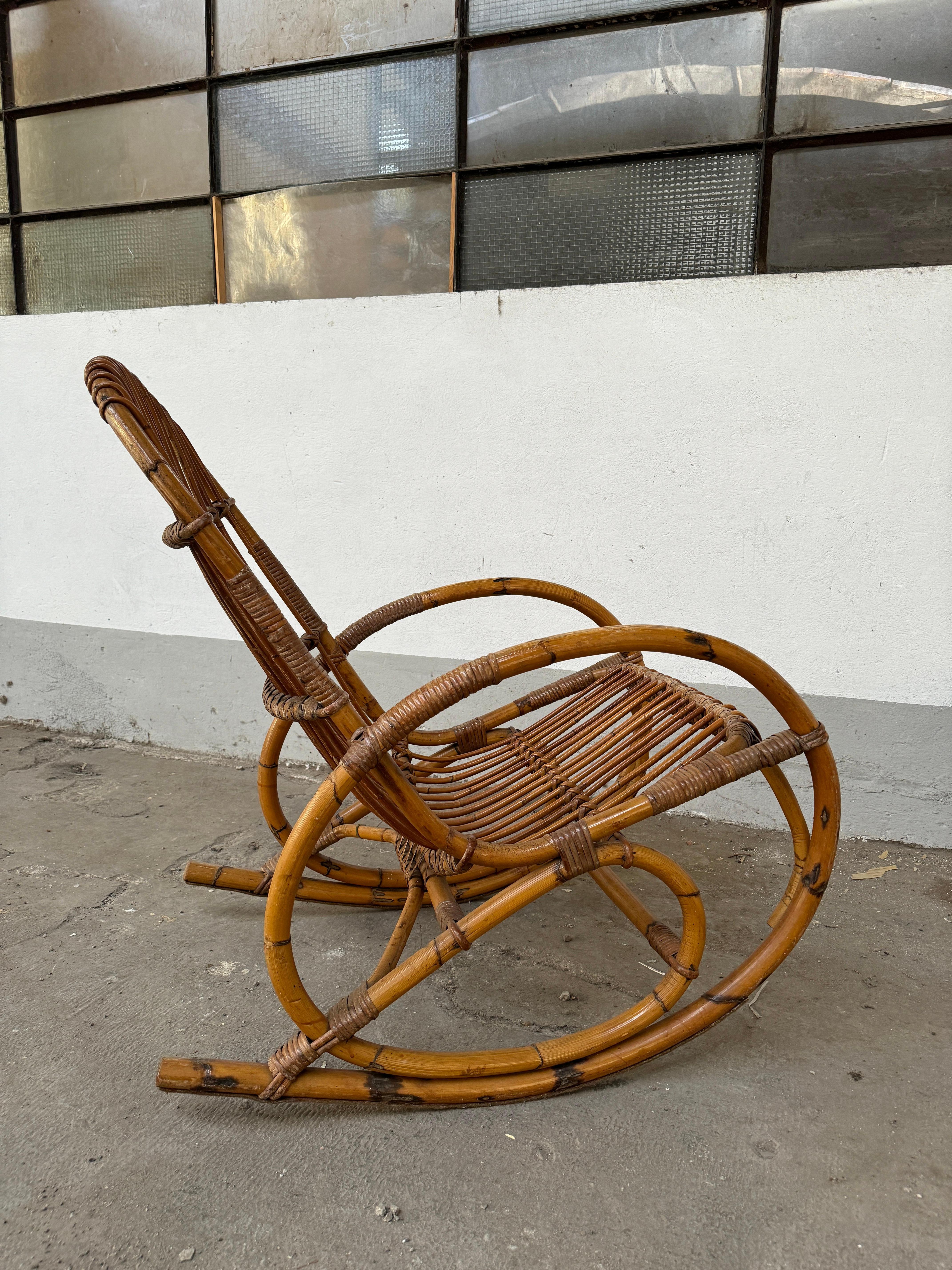 Mid-Century Modern Italian Bamboo and Rattan Rocking Chair. 1960s 4