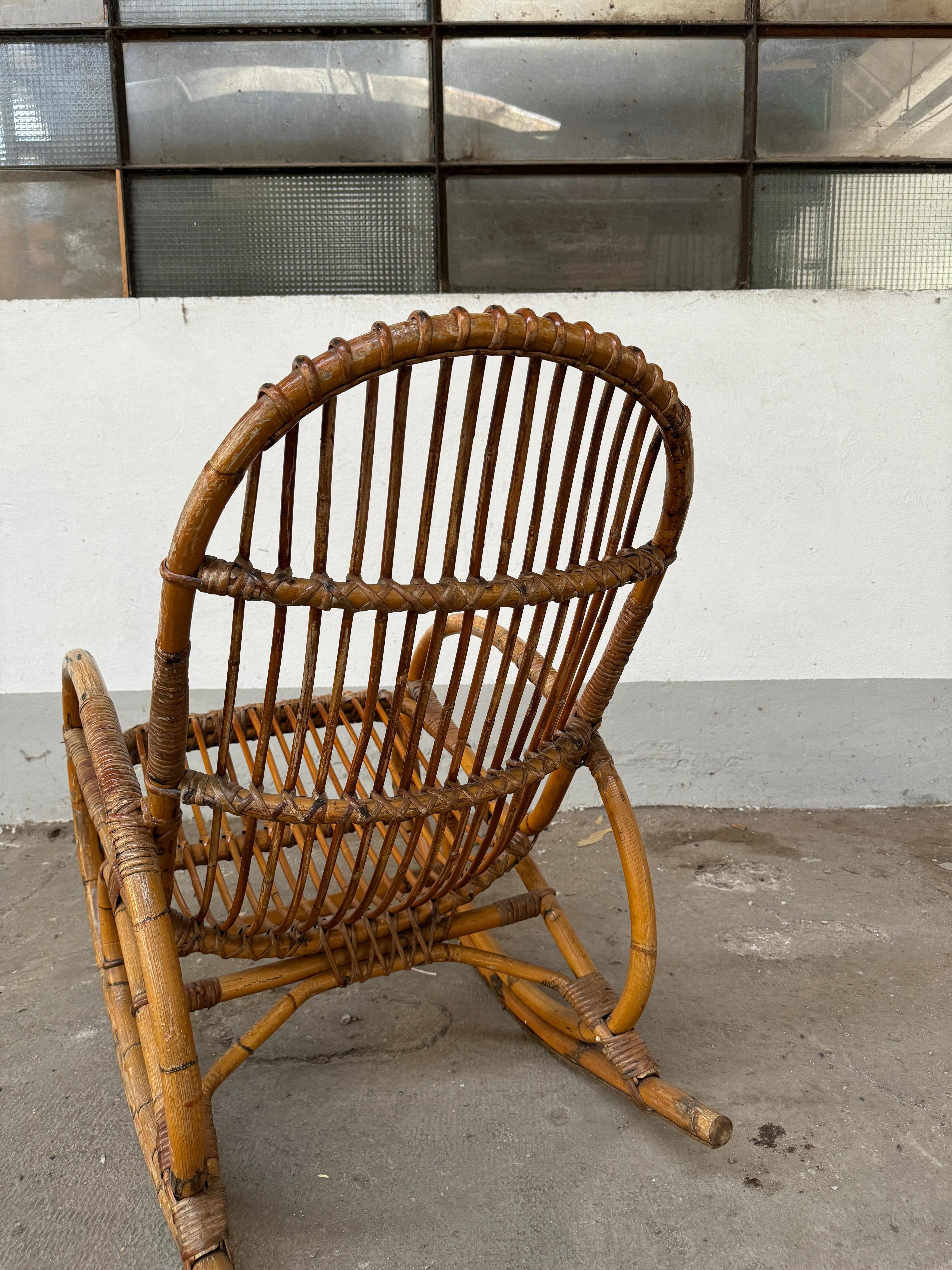 Mid-Century Modern Italian Bamboo and Rattan Rocking Chair. 1960s 5