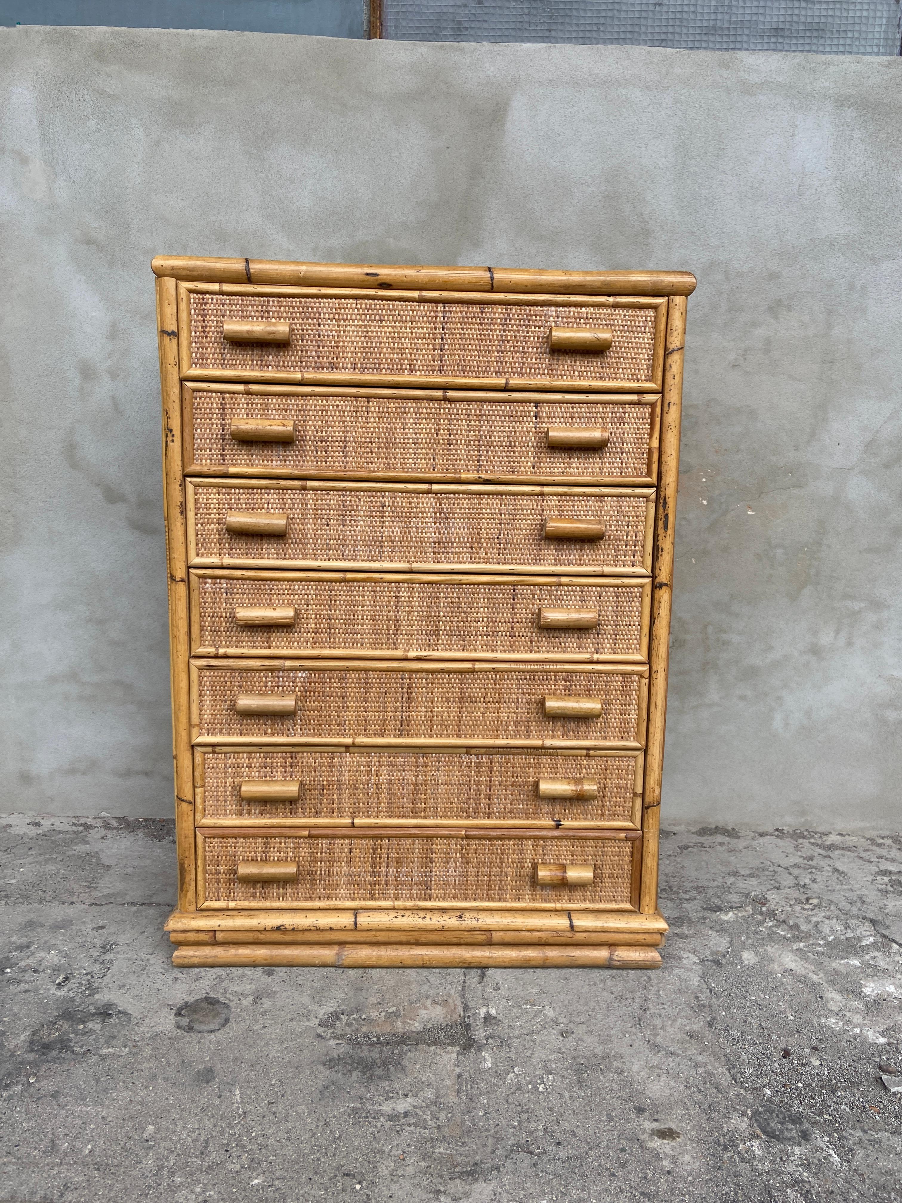 Late 20th Century Mid-Century Modern Italian Bamboo and Rattan Tall Boy. 1970s For Sale