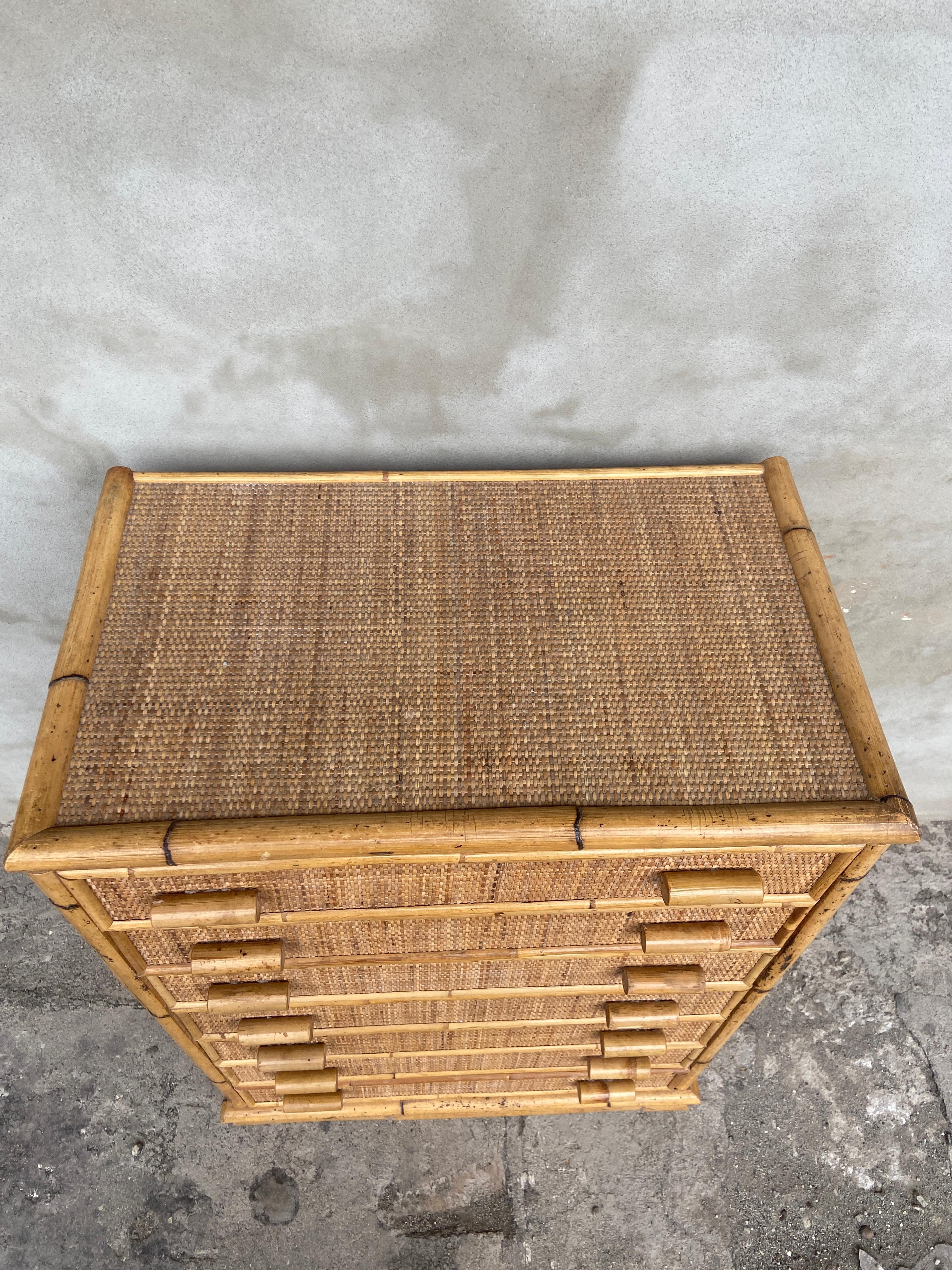 Late 20th Century Mid-Century Modern Italian Bamboo and Rattan Tall Boy. 1970s For Sale