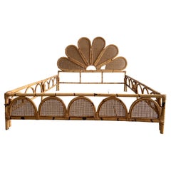 Retro Mid-Century Modern Italian Bamboo and Vienna Straw Queen Size Bed, 1970s