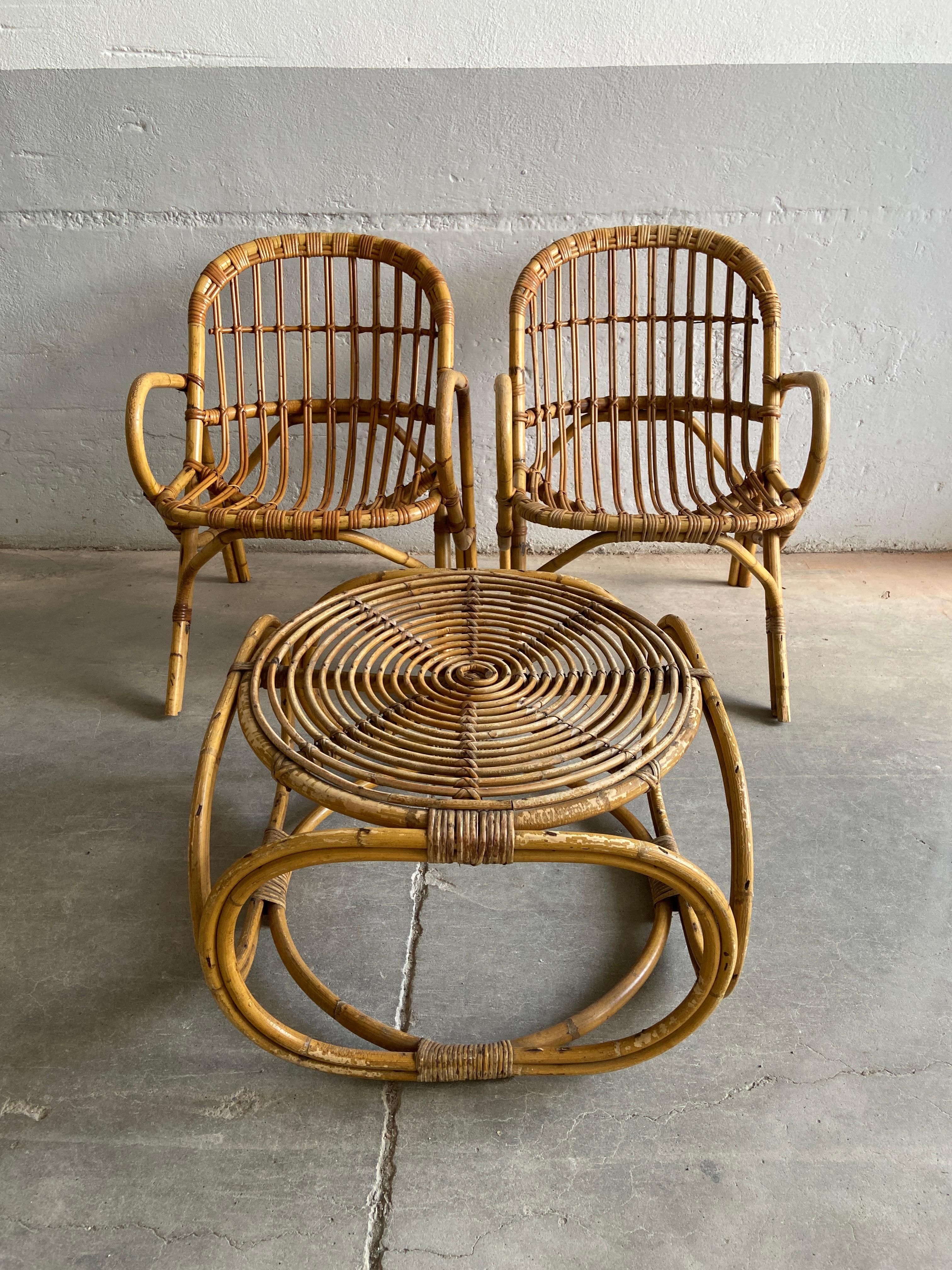 Italiano Set da salotto in vimini e bambù italiano della modernità di metà secolo, anni '60