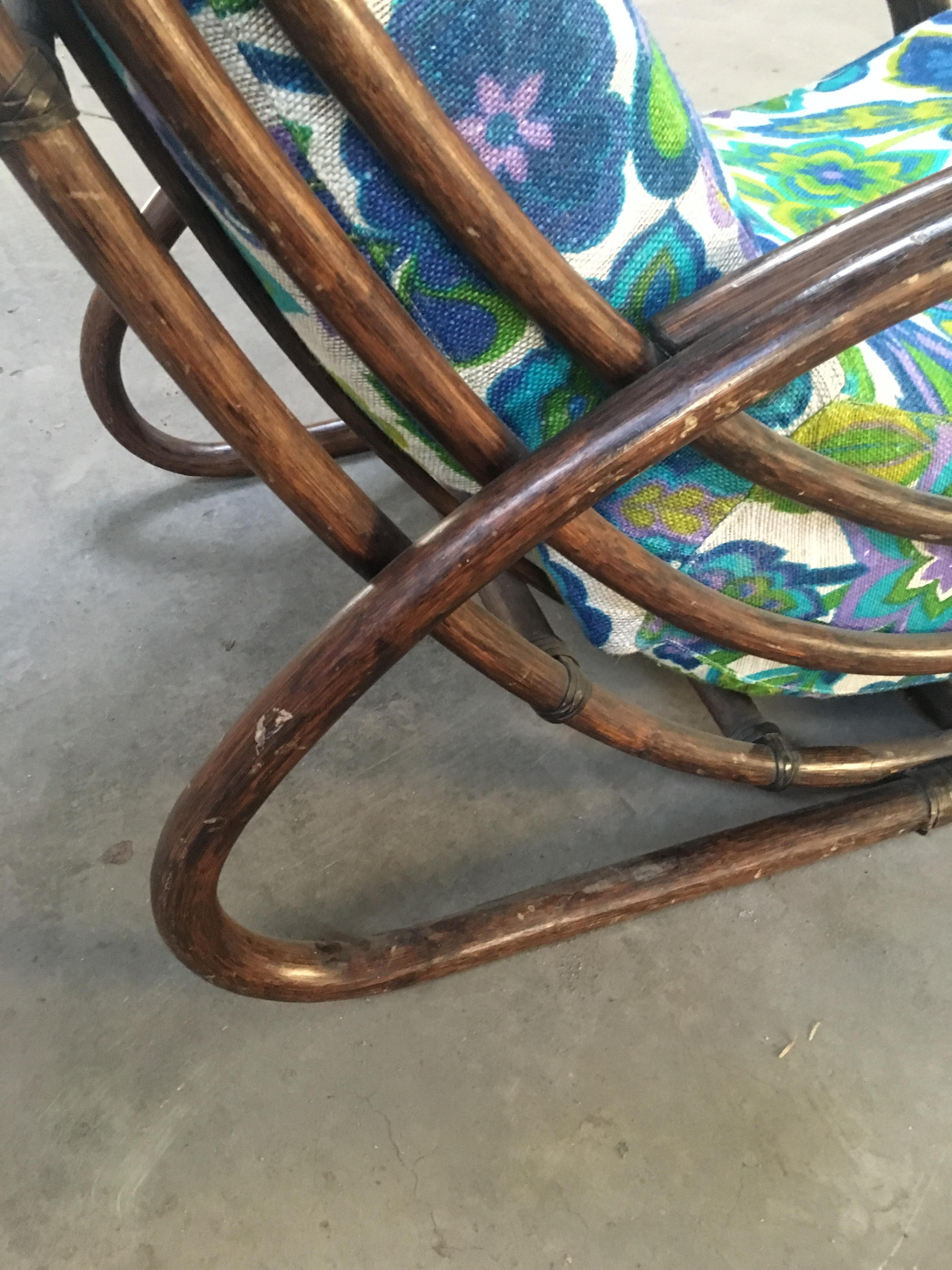 Mid-Century Modern Italian Bamboo Armchair with Original Floral Cushion, 1970s 5