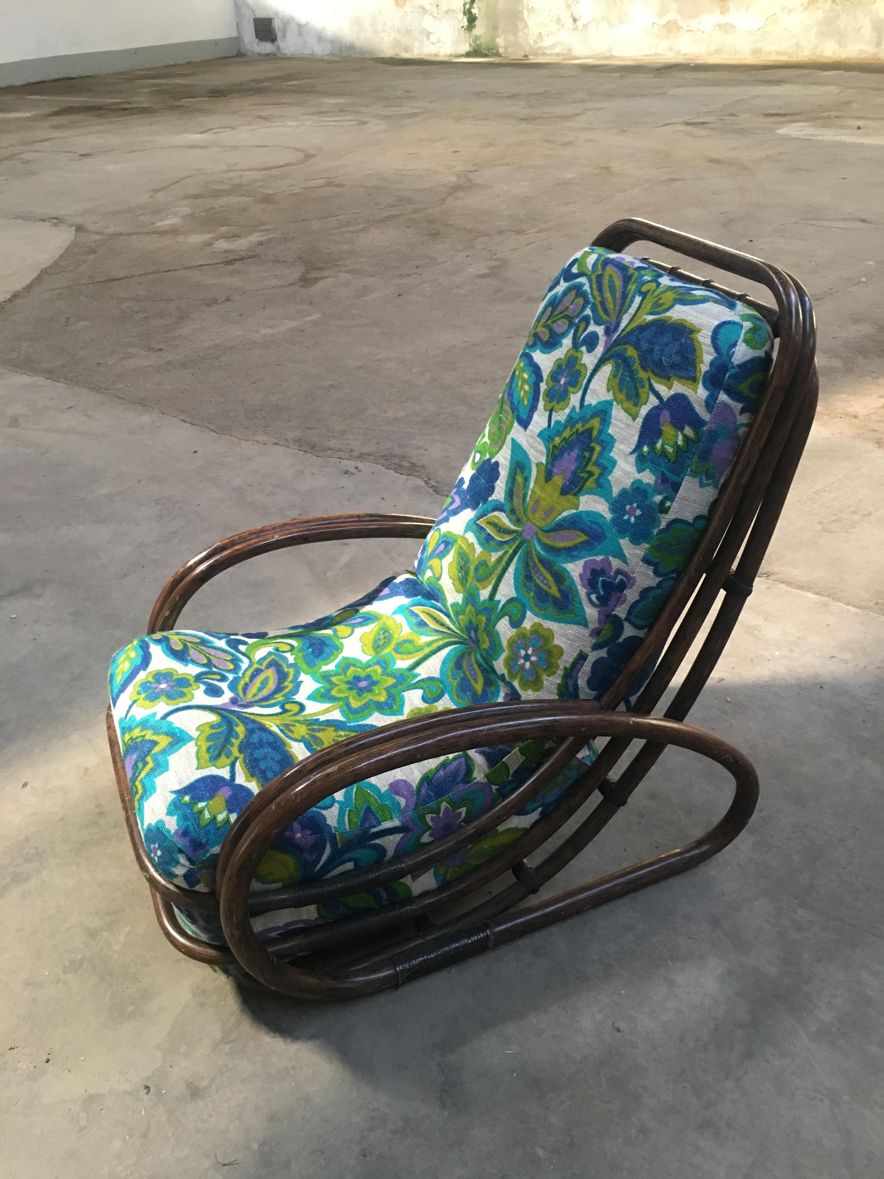 Mid-Century Modern Italian dark brown bamboo lounge chair with its original floral fabric cushion.