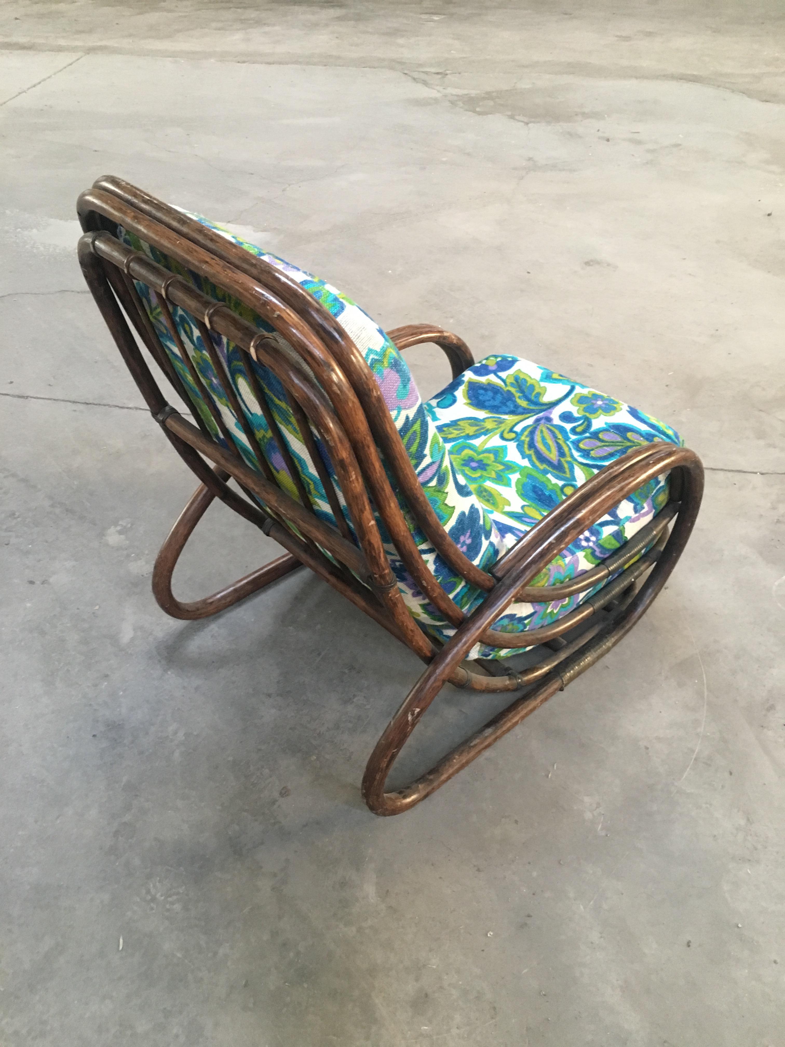 Mid-Century Modern Italian Bamboo Armchair with Original Floral Cushion, 1970s 2