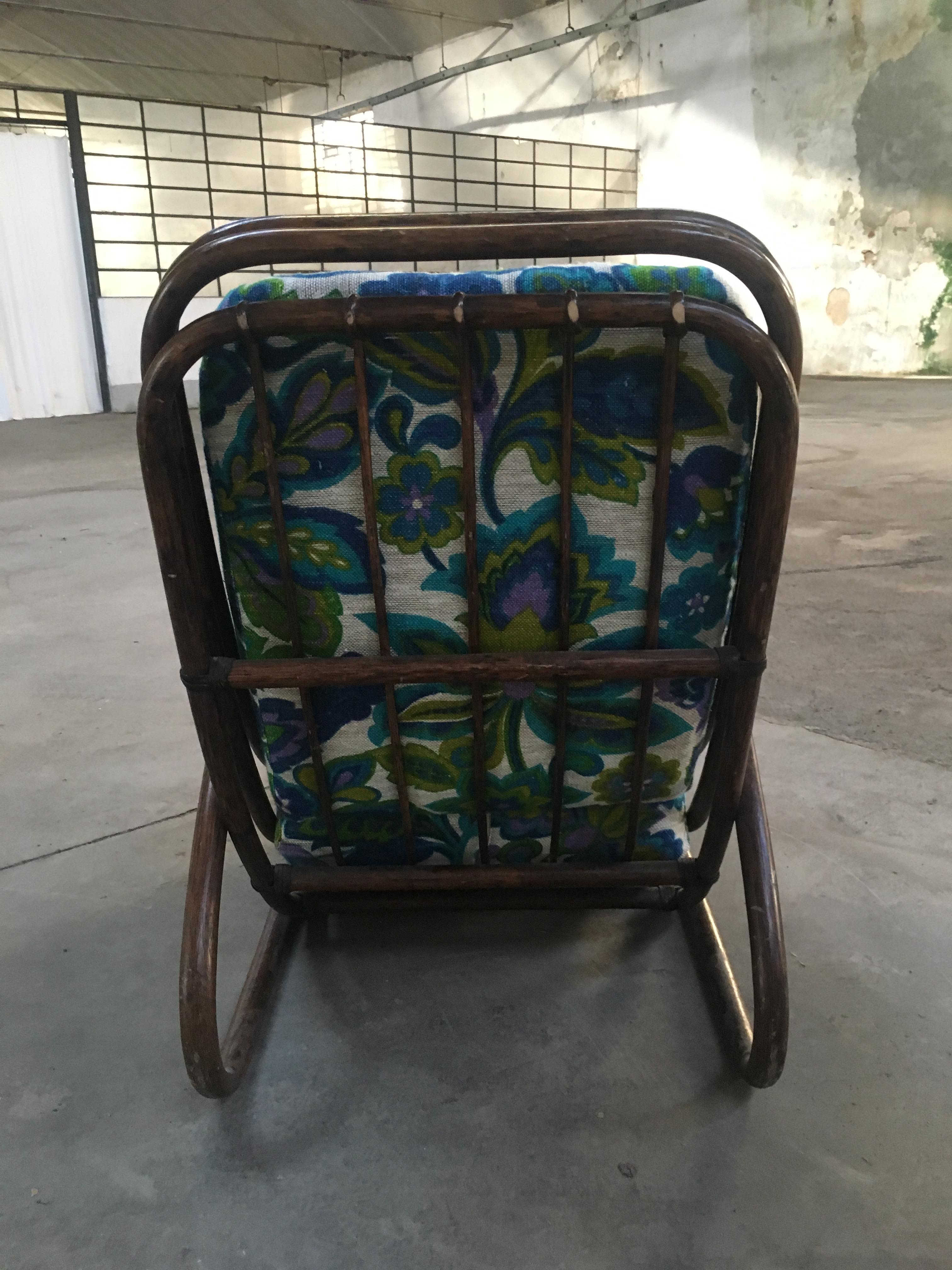 Mid-Century Modern Italian Bamboo Armchair with Original Floral Cushion, 1970s 4
