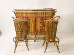 Mid-Century Modern Italian Bamboo Bar with Two Stools, 1960s