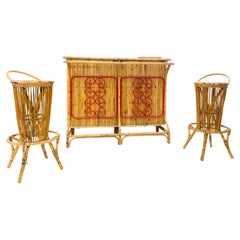 Mid-Century Modern Italian Bamboo Bar with Two Stools, 1960s