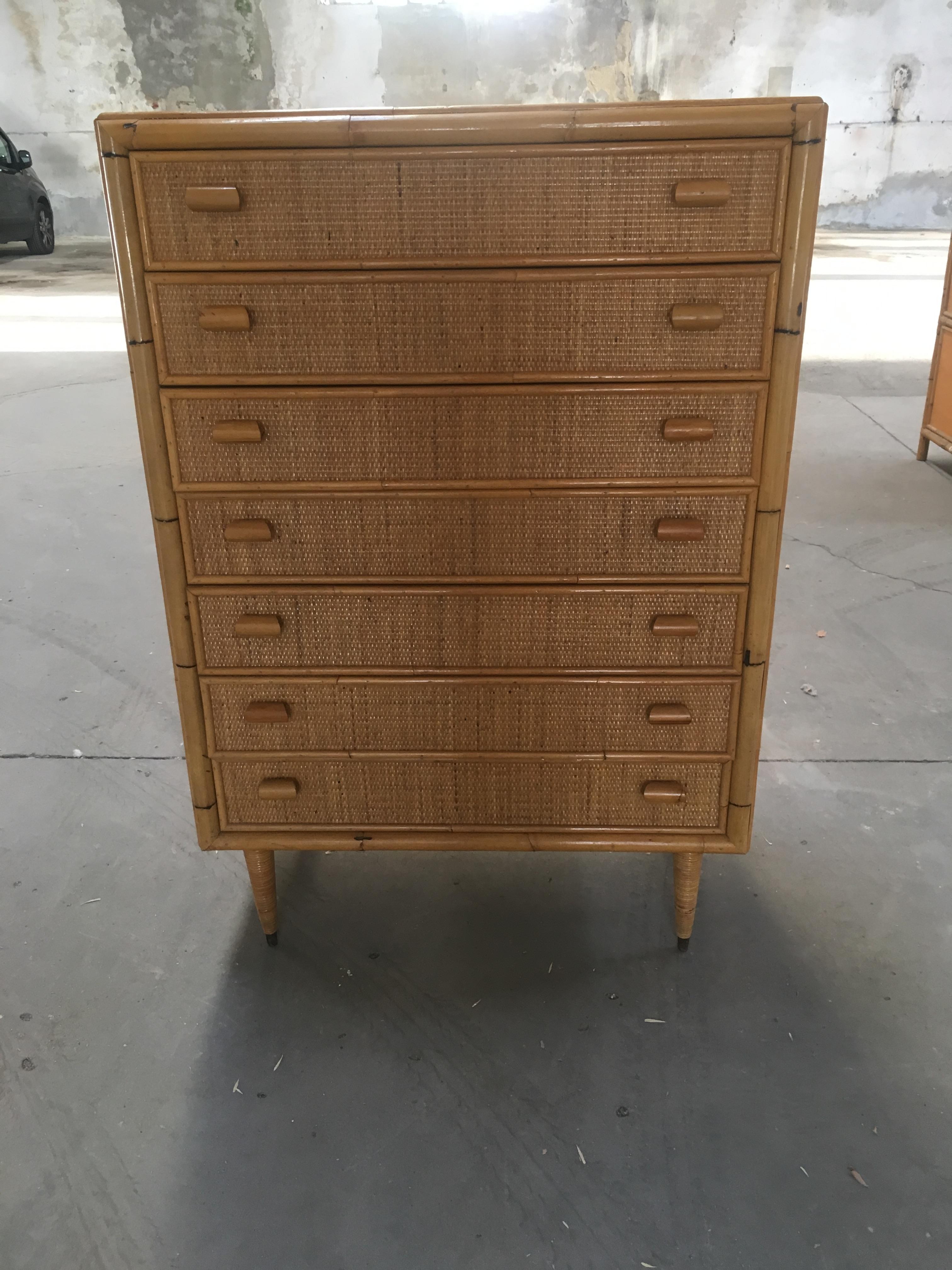 Mid-Century Modern Italian bamboo 'Settimino' or chest with 7 drawers from 1970s.