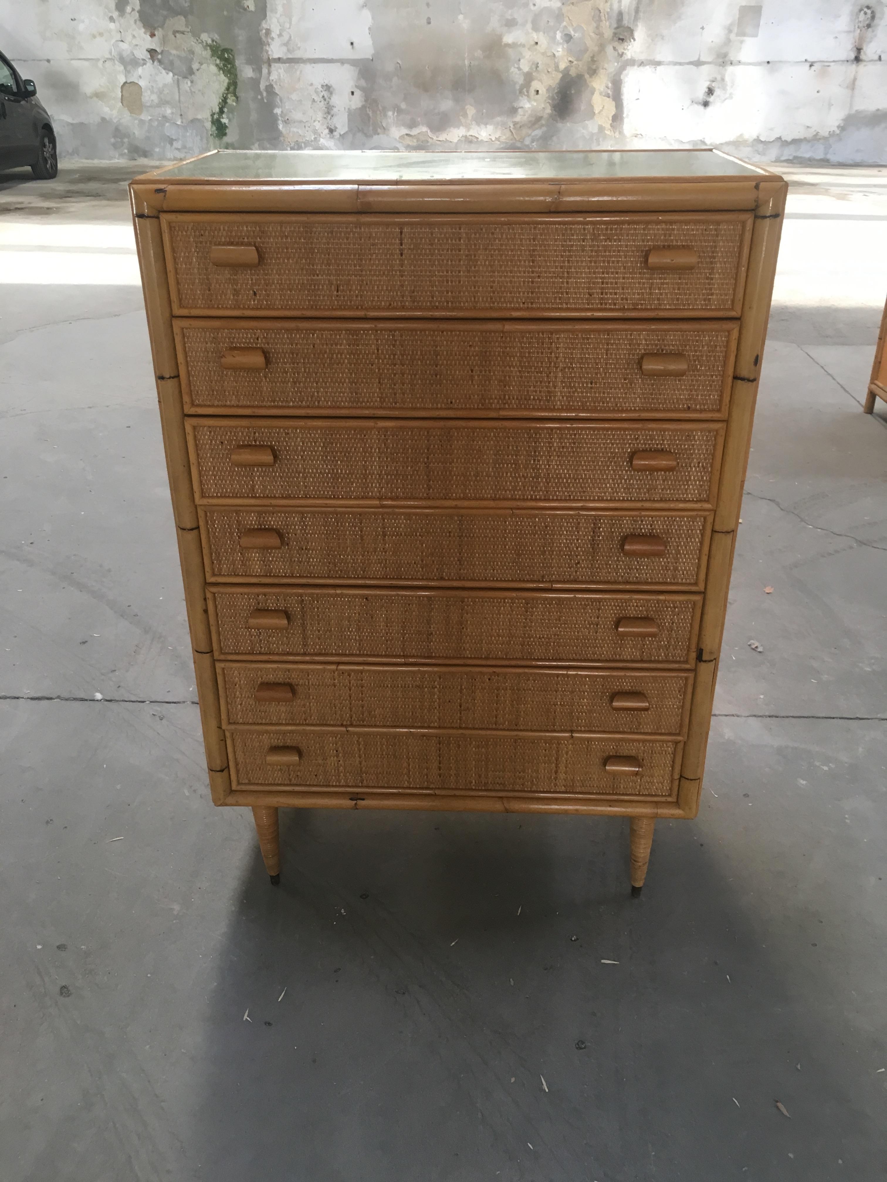 Mid-Century Modern Italian bamboo dresser with 7 drawers and glass top from 1970s.