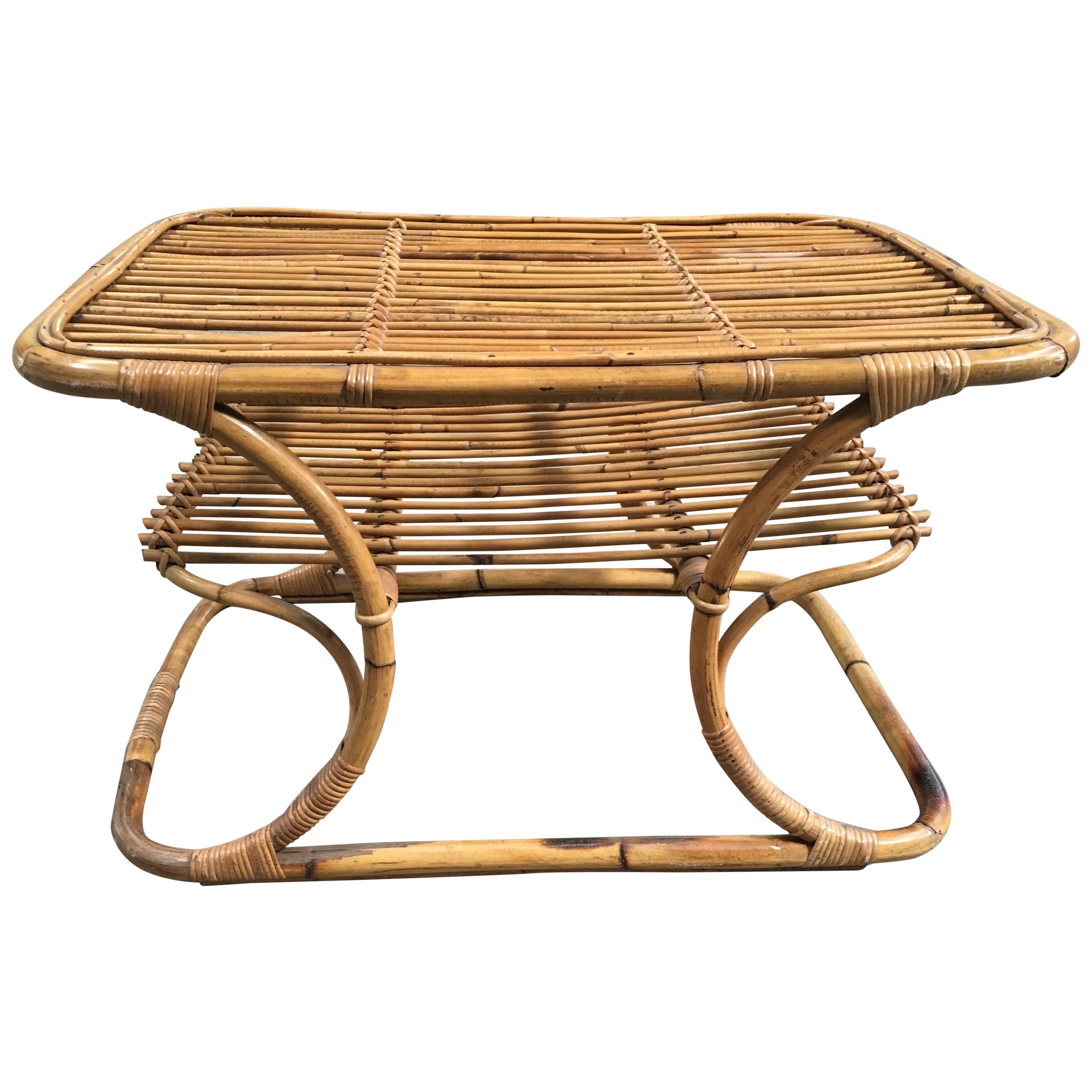 Round Midcentury Bamboo Rattan Side or Coffee Table with Laminated Top