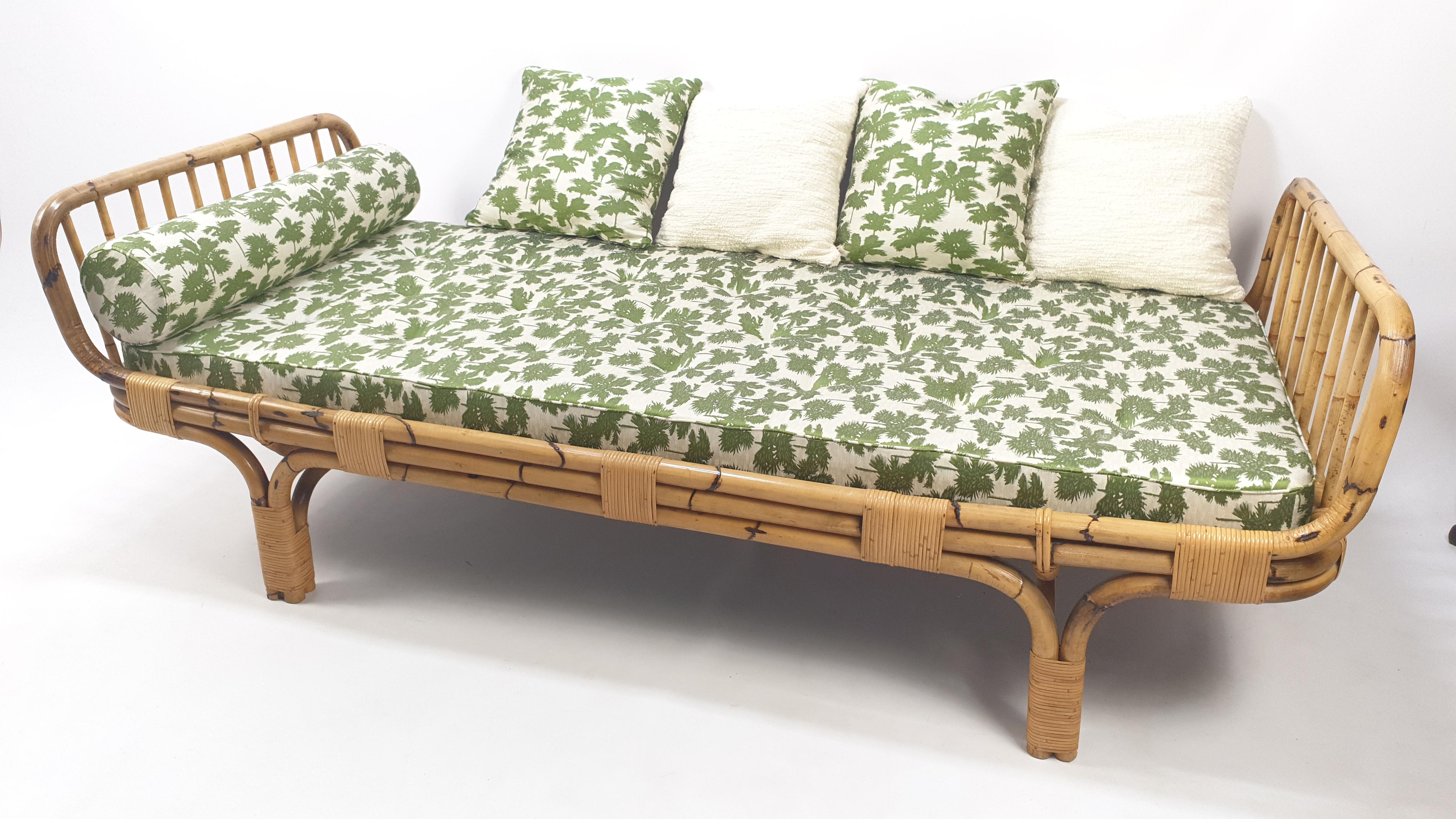 Iconic Italian bamboo daybed, designed and manufactured by Piero Longhi & Figli in the 60's. Newly made cushions and mattress upholstered with stunning Dedar Italy fabric. This daybed is included the bolster and cushions. Original bamboo structure