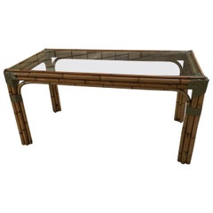 Mid-Century Modern Italian Bamboo Dining Table with Glass Top, 1970s