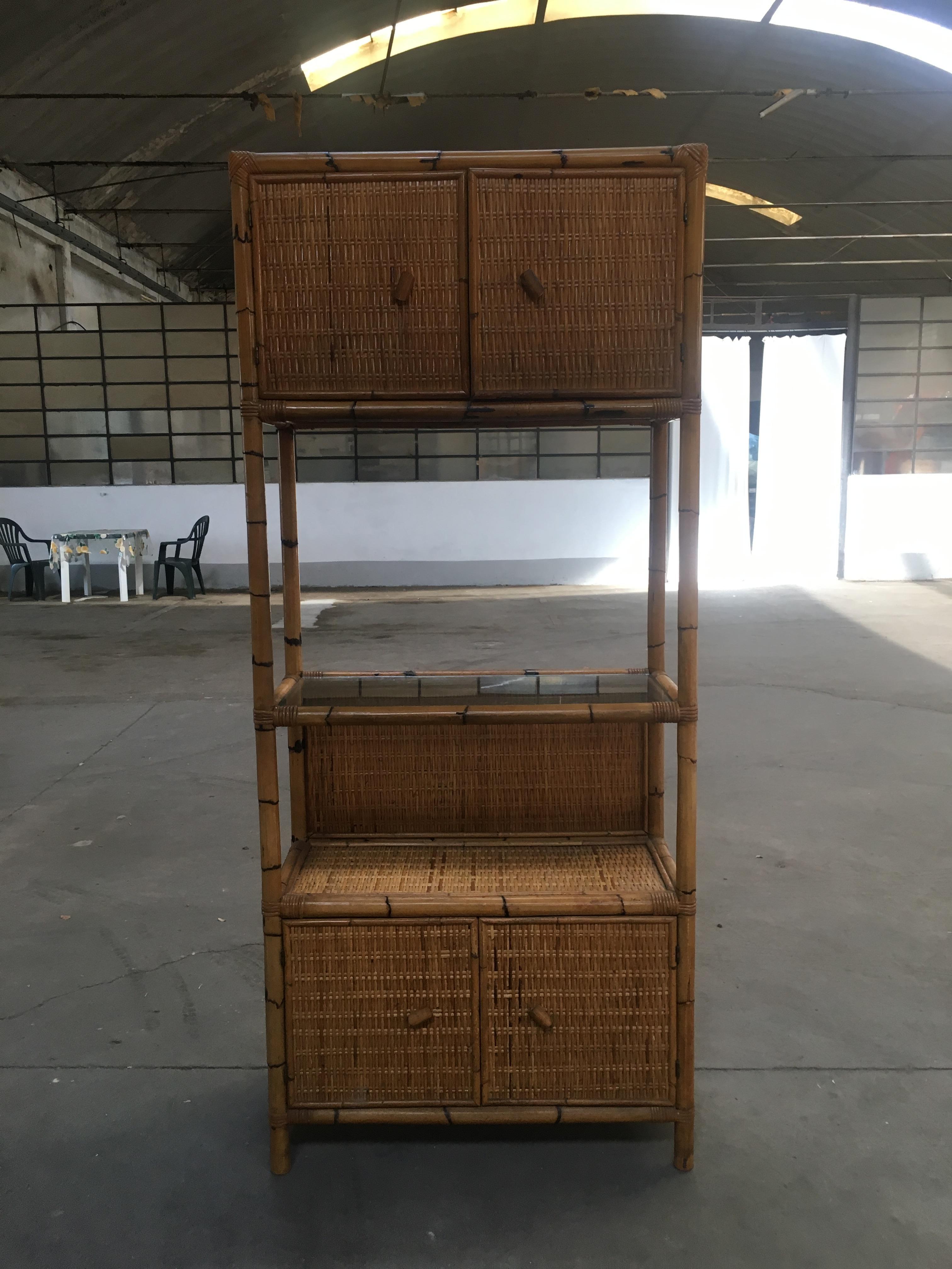 Mid-Century Modern Italian bamboo etagere with shutters and shelf from 1970s.