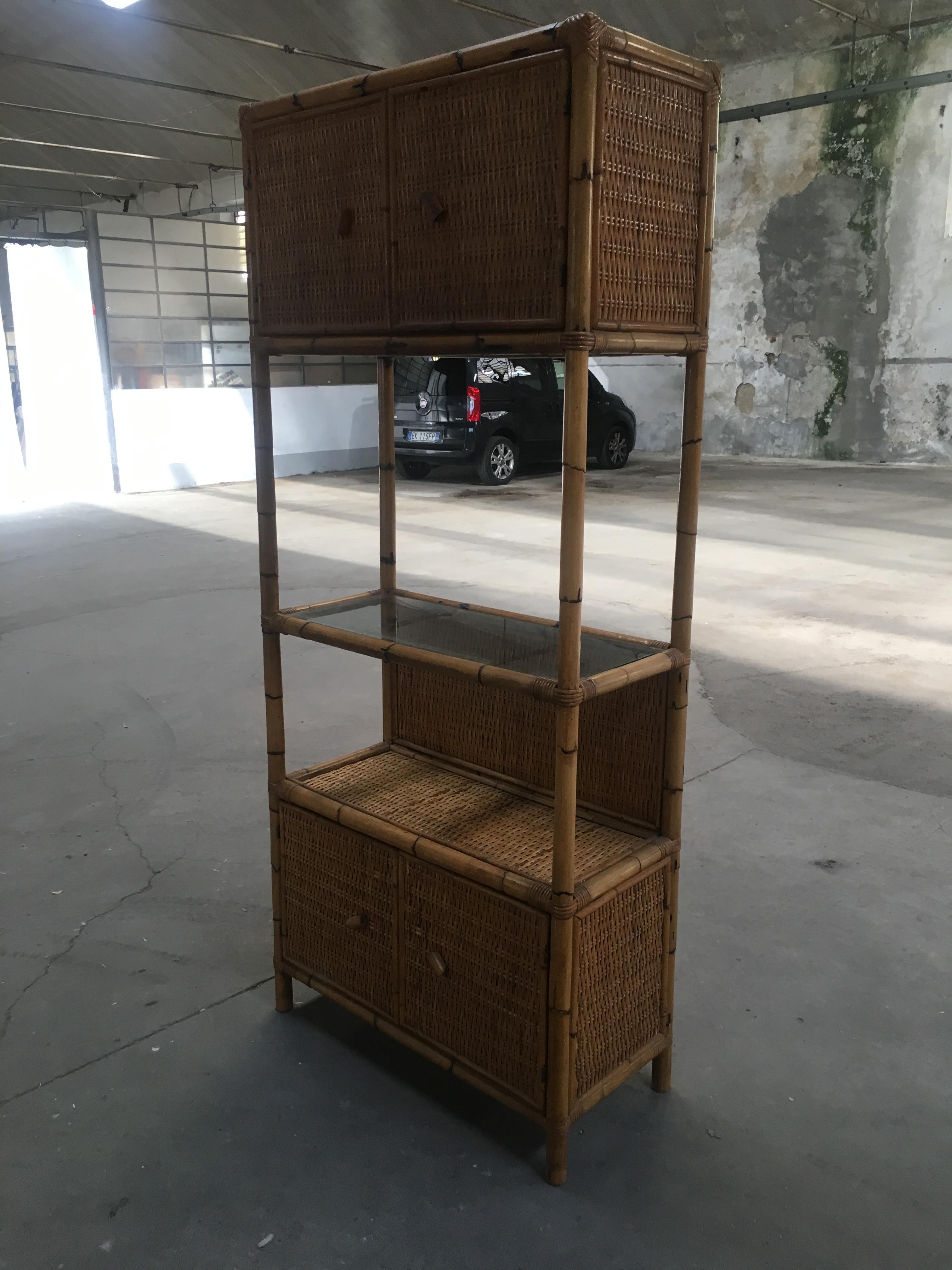 Mid-Century Modern Italian Bamboo Etagere with Shutters and Shelf from 1970s In Good Condition In Prato, IT