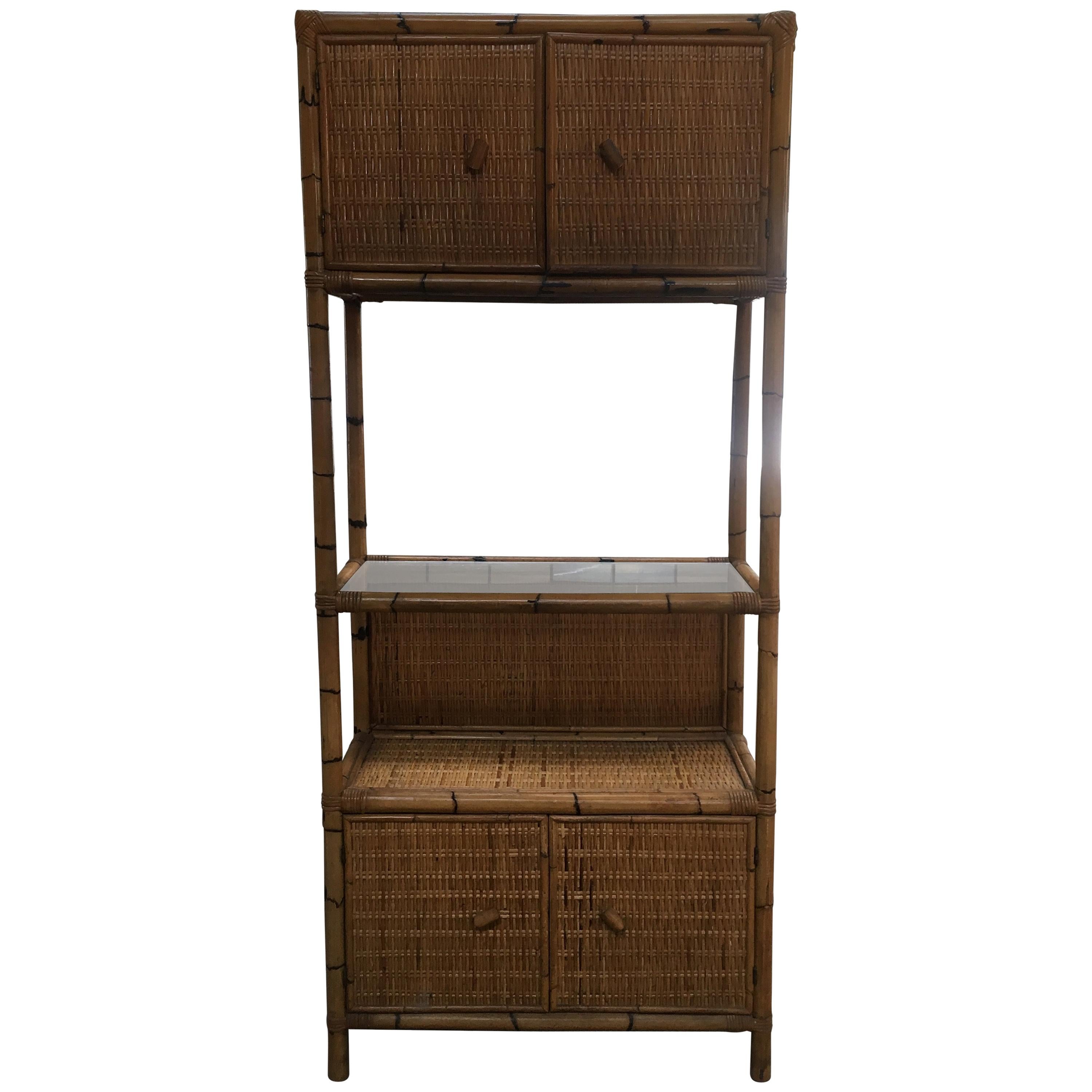 Mid-Century Modern Italian Bamboo Etagere with Shutters and Shelf from 1970s