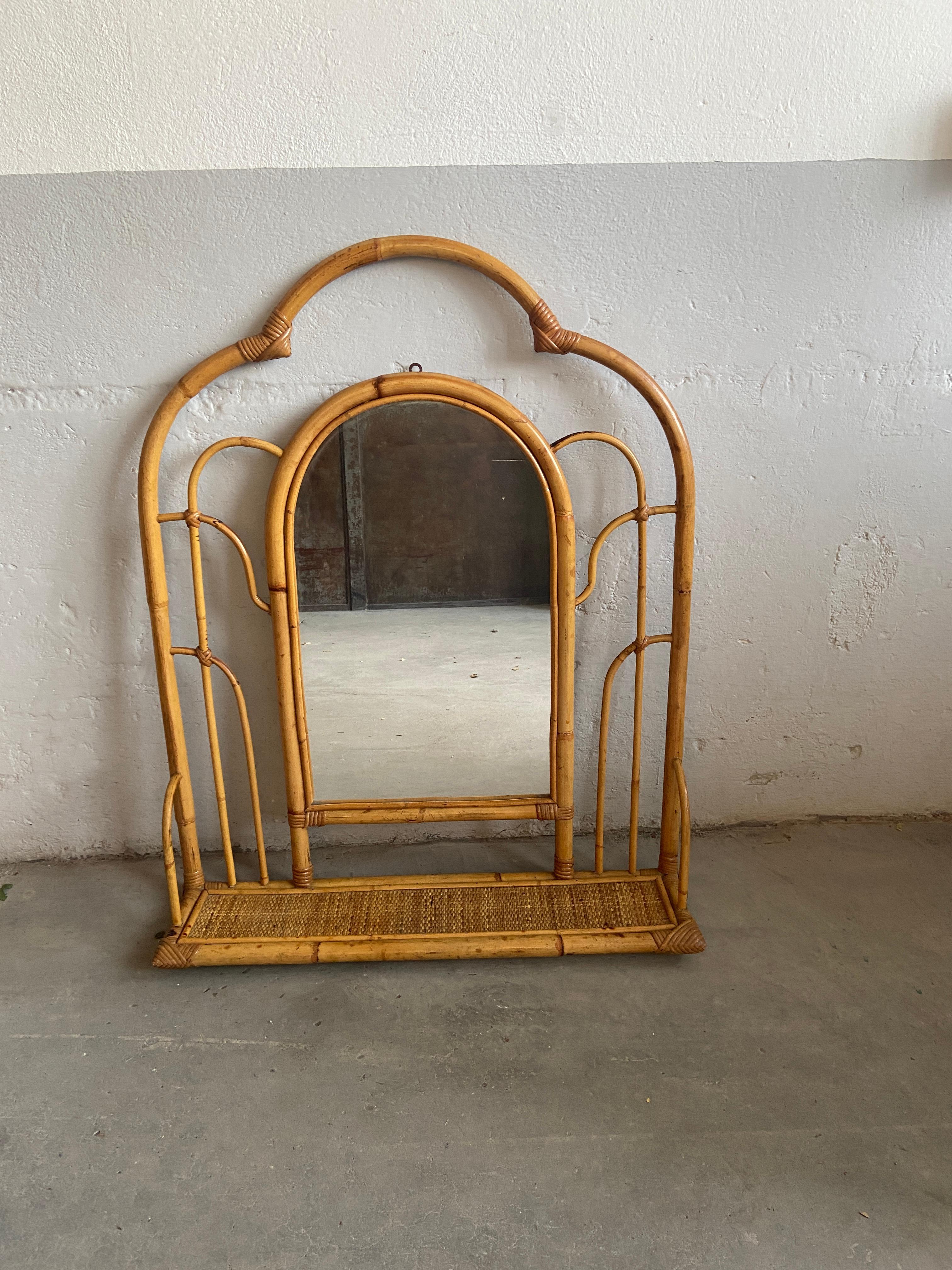 Mid-Century Modern Italian Bamboo Framed Wall Mirror with Shelf, 1970s In Good Condition In Prato, IT