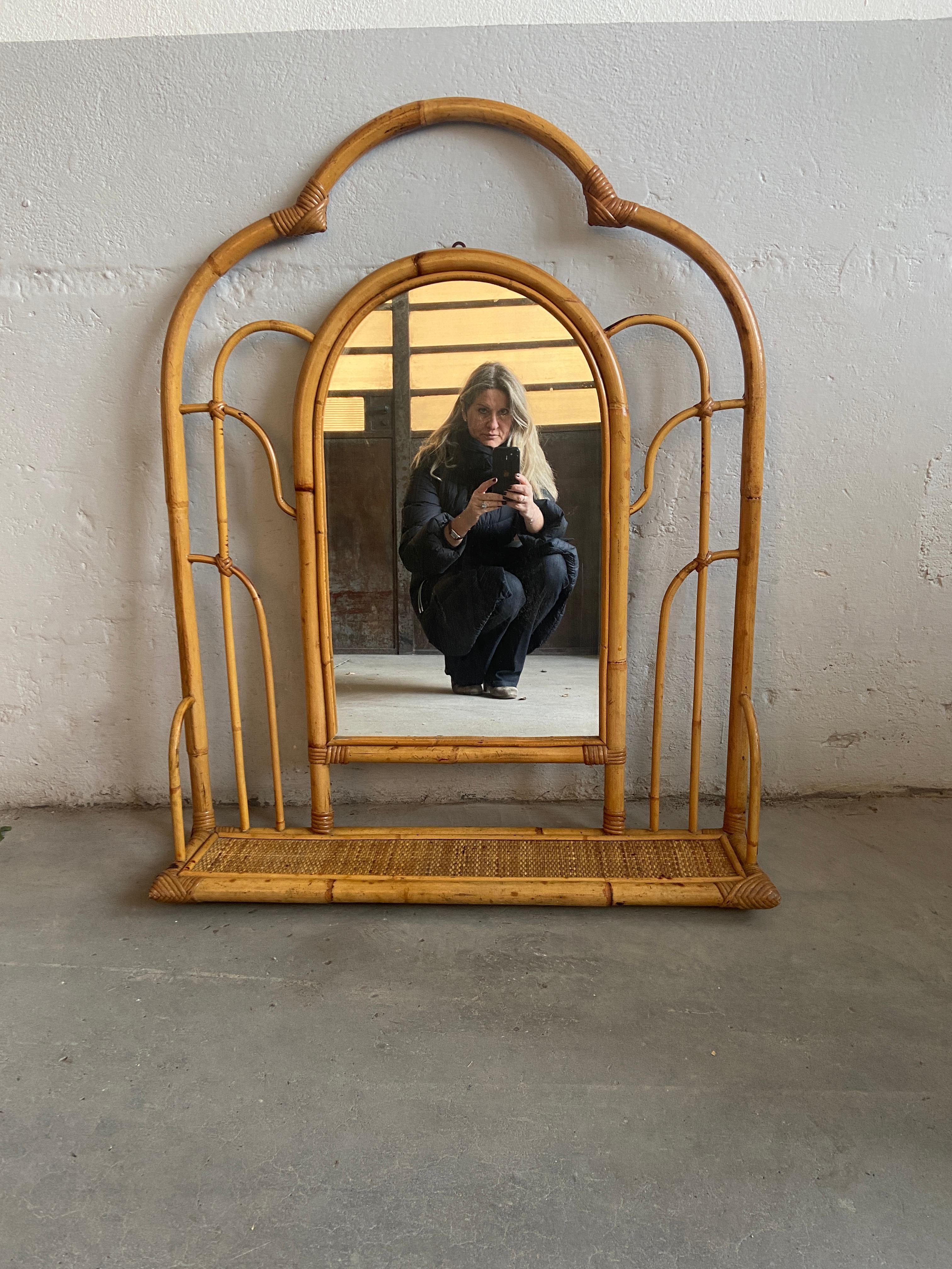 Mid-Century Modern Italian Bamboo Framed Wall Mirror with Shelf, 1970s 1