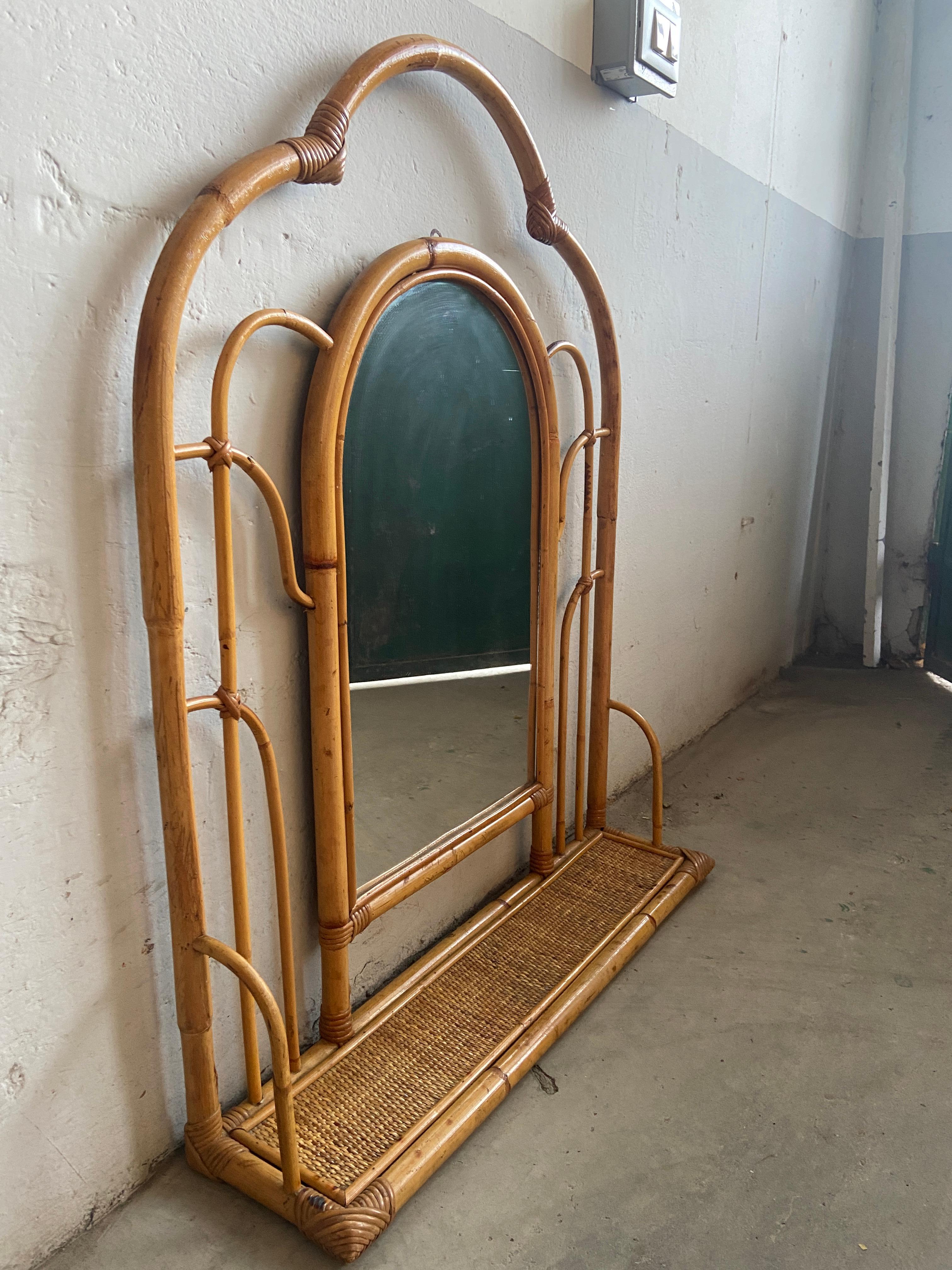 Mid-Century Modern Italian Bamboo Framed Wall Mirror with Shelf, 1970s 3