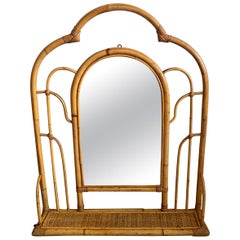 Mid-Century Modern Italian Bamboo Framed Wall Mirror with Shelf, 1970s