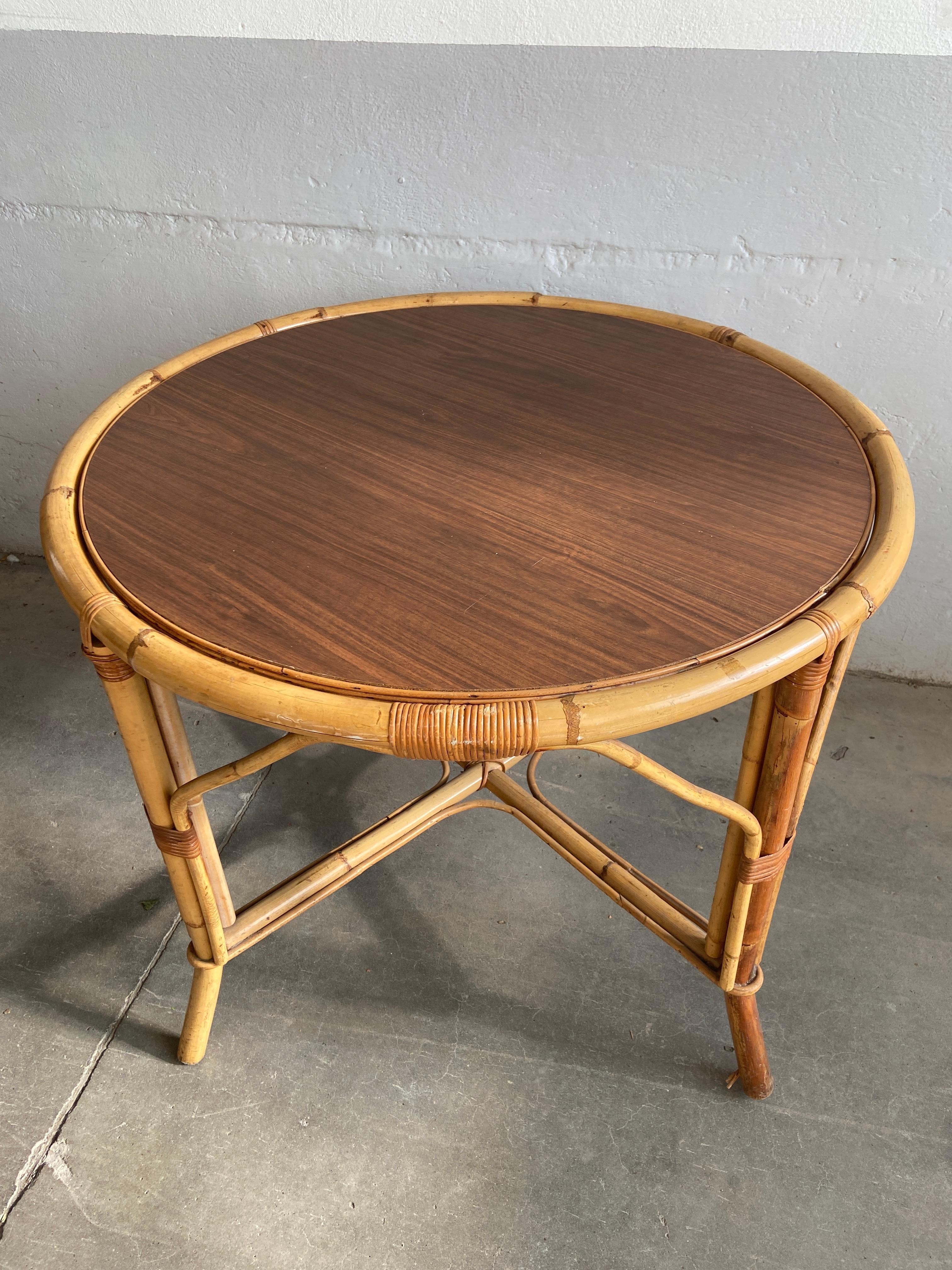 Fabric Mid-Century Modern Italian Bamboo Game Table Set with 2 Chairs, 1970s