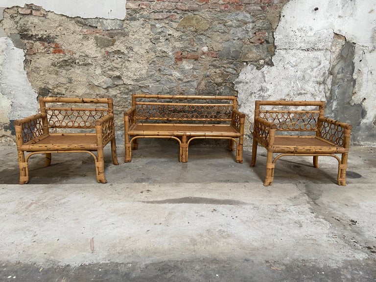 MidCentury Modern Italian Bamboo Living Room Set with "Vienna" Straw