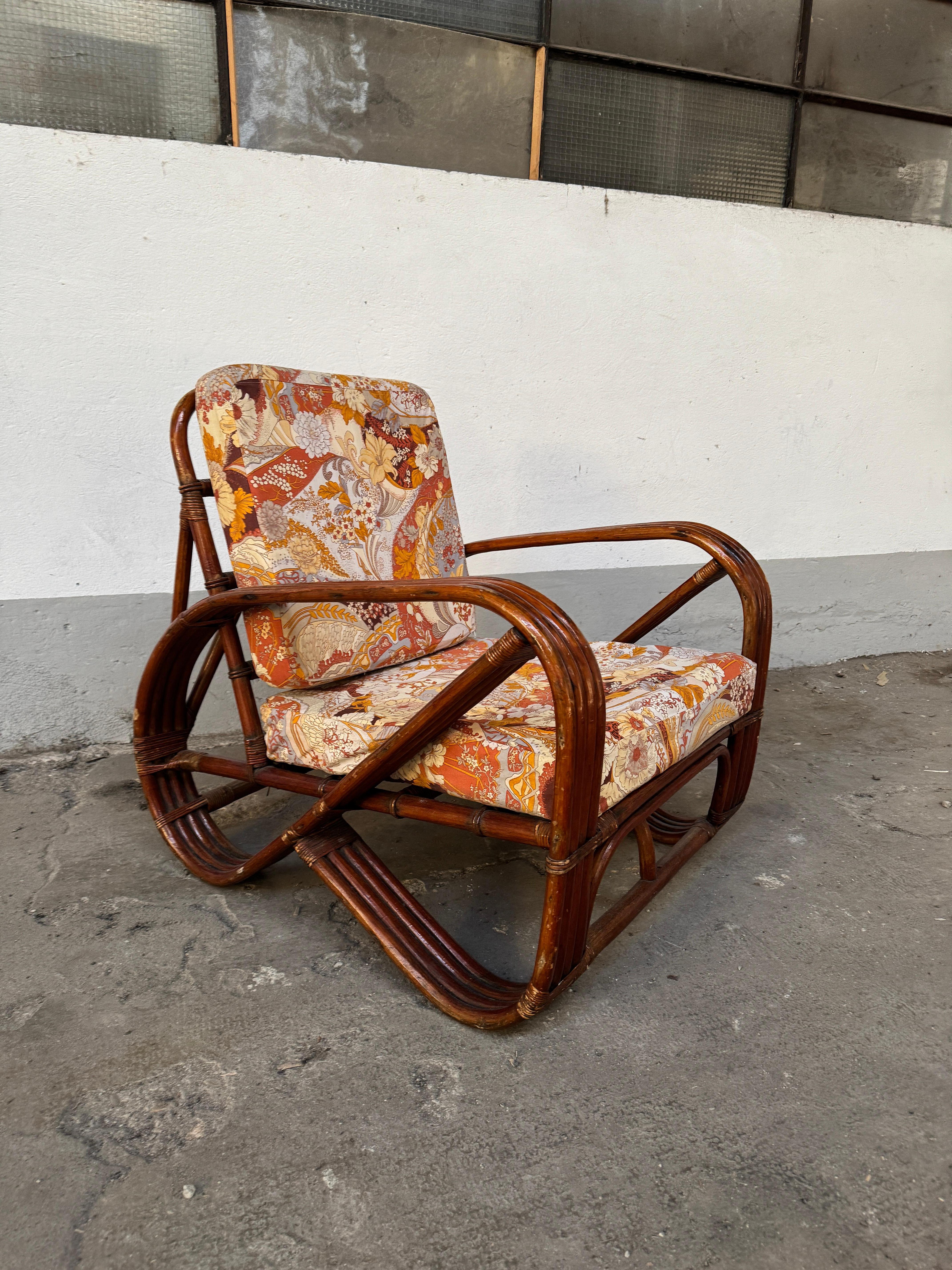 Mid-Century Modern Italian Bamboo Lounge Pretzel Armchair with Original Cushions in the style of Paul Frankl. 1960s