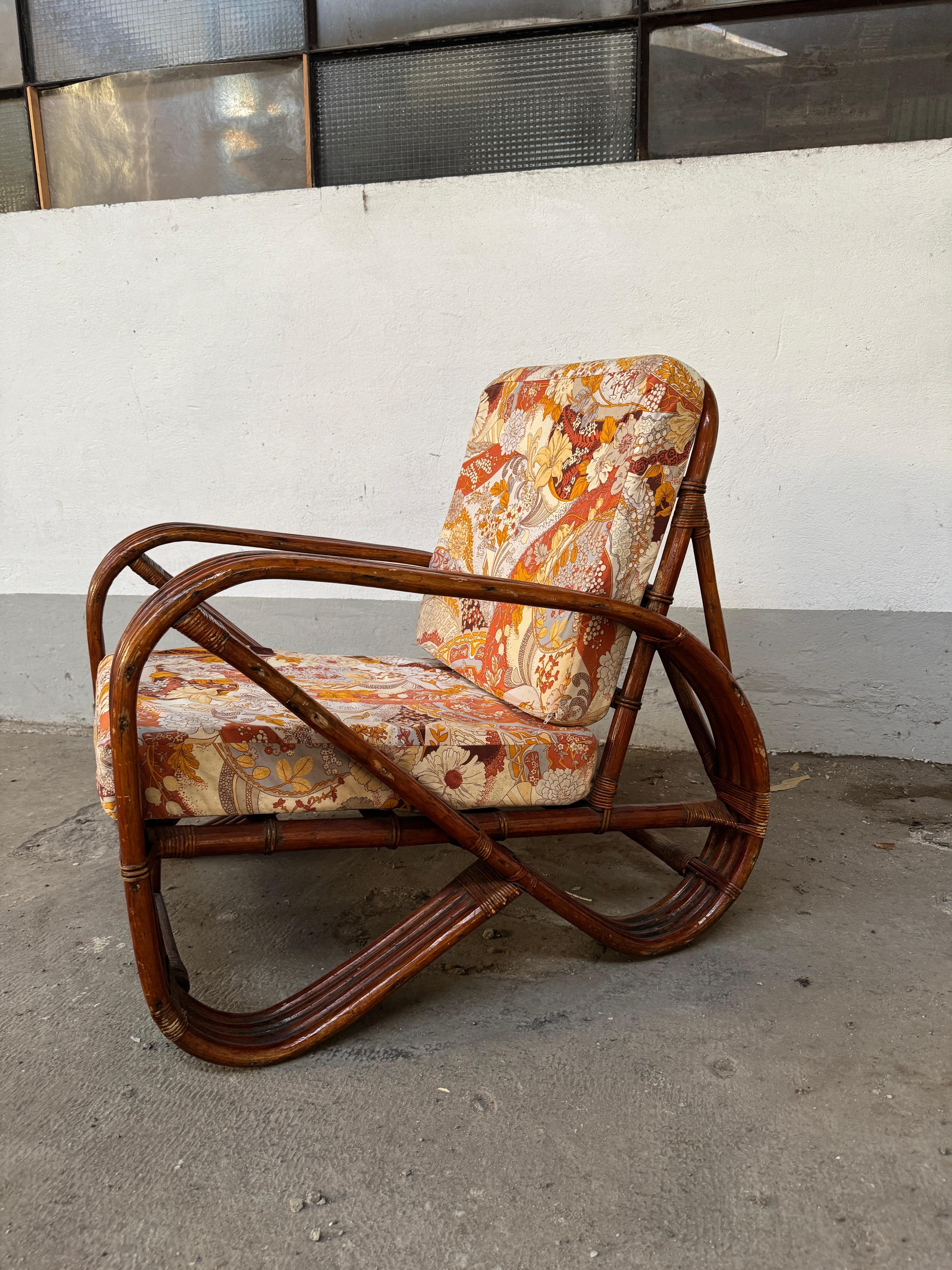 Mid-Century Modern Italian Bamboo Lounge Pretzel Armchair with Original Cushions For Sale 1