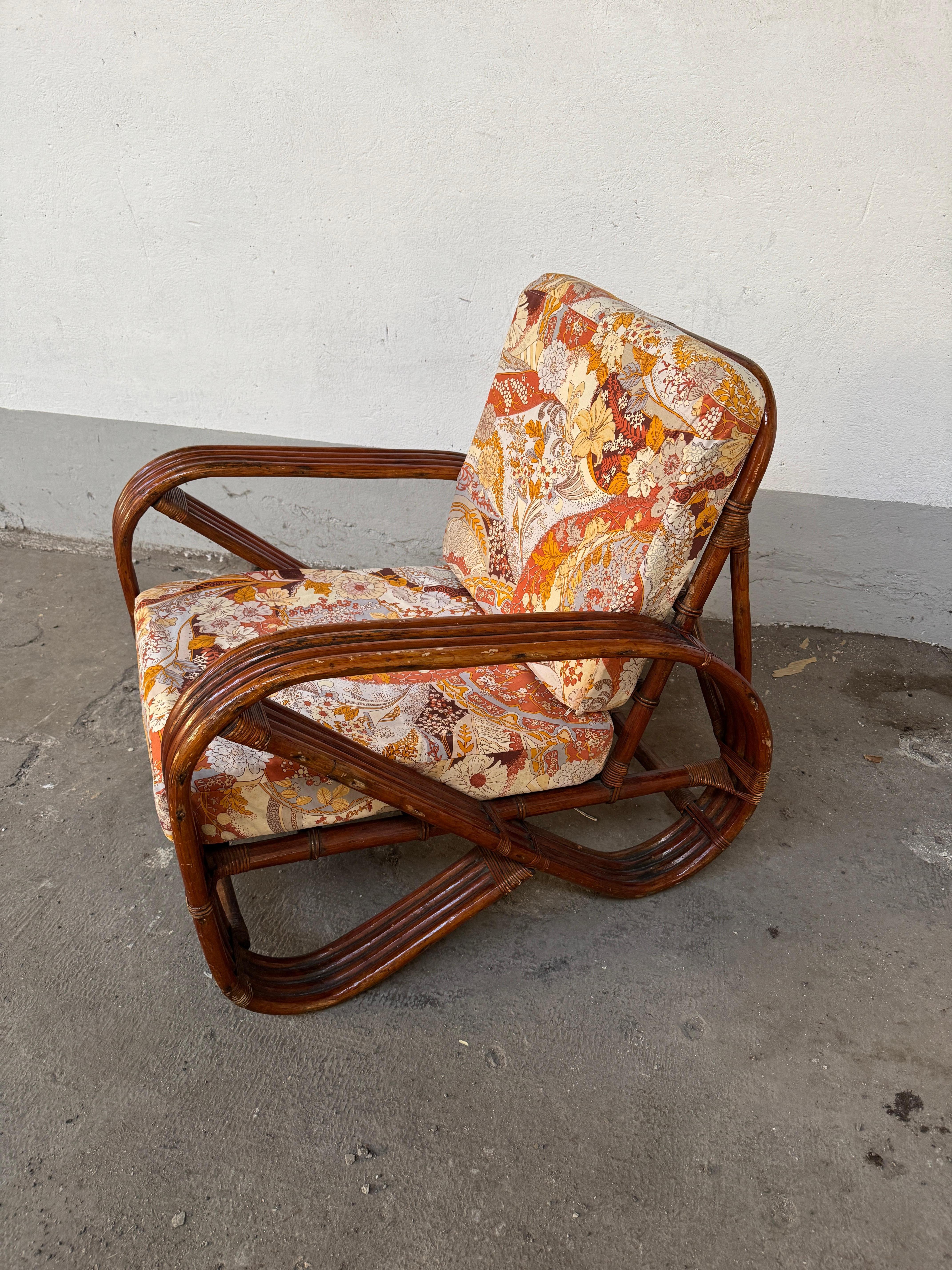 Mid-Century Modern Italian Bamboo Lounge Pretzel Armchair with Original Cushions For Sale 2