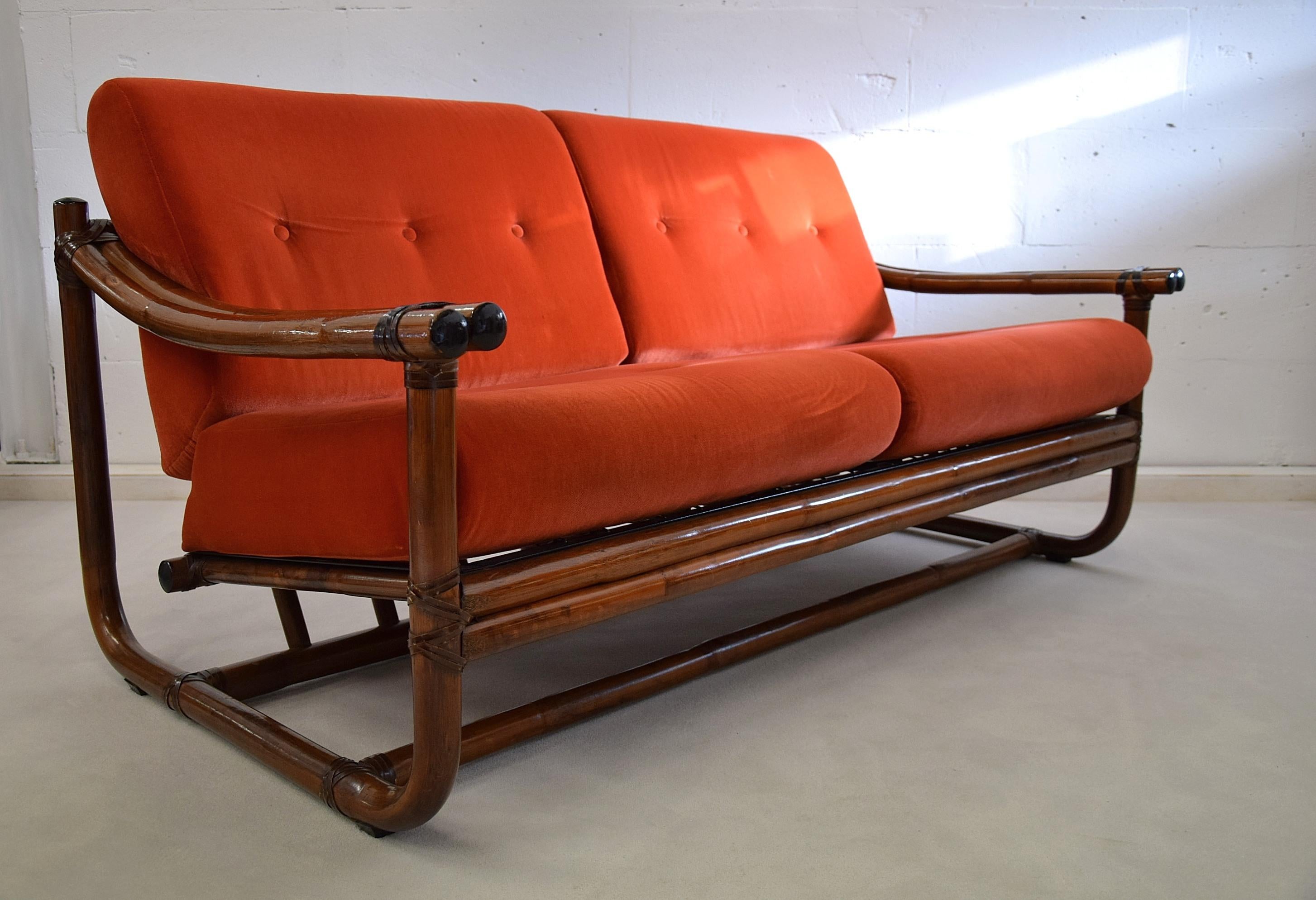 Mid-20th Century Mid-Century Modern Italian Rattan Orange Sofa For Sale