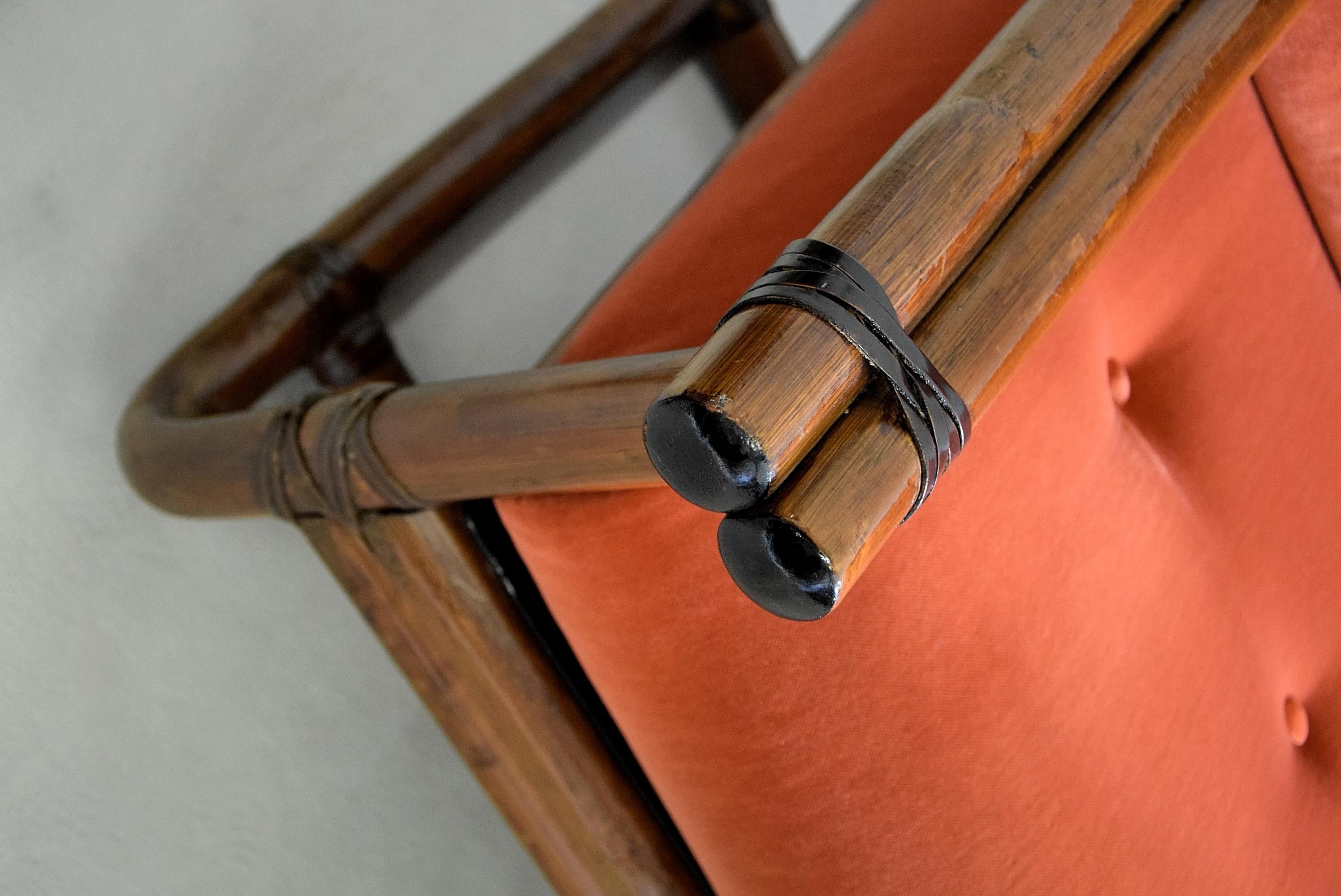 Mohair Mid-Century Modern Italian Rattan Orange Sofa For Sale