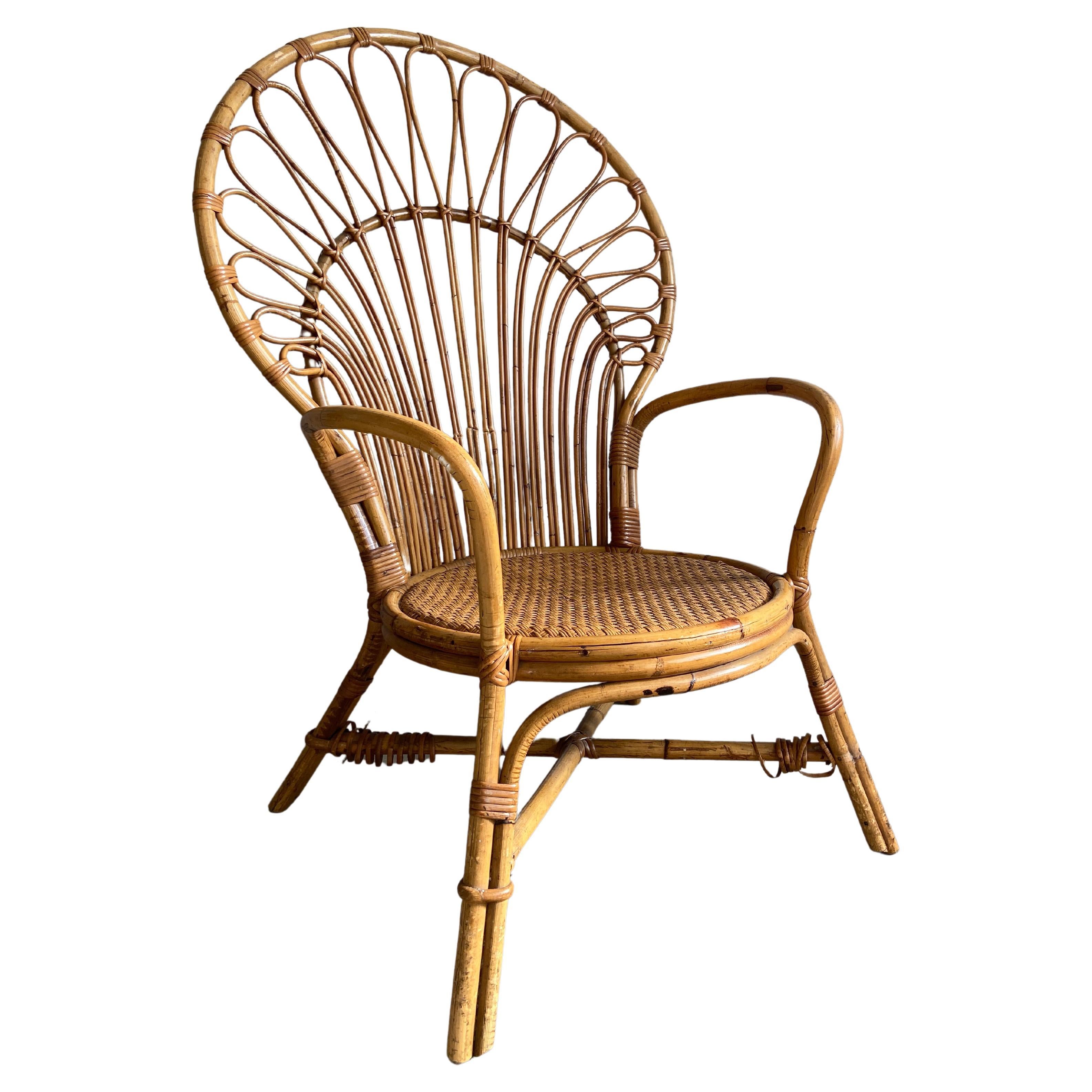 Fauteuil paon en bambou italien moderne du milieu du siècle dernier, années 1970