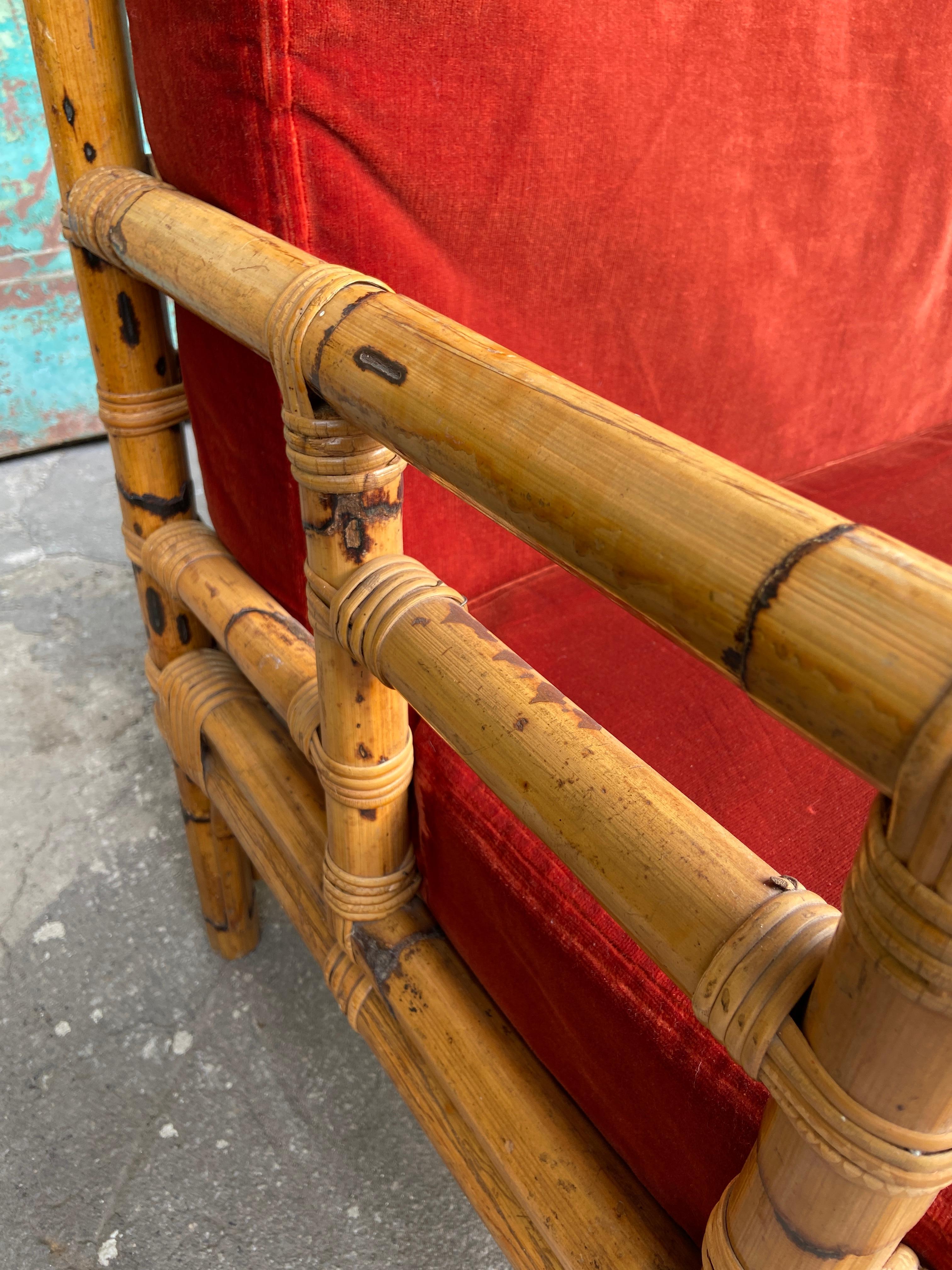 Velvet Mid-Century Modern Italian Bamboo Sofa with Its Cushions from Vivai del Sud