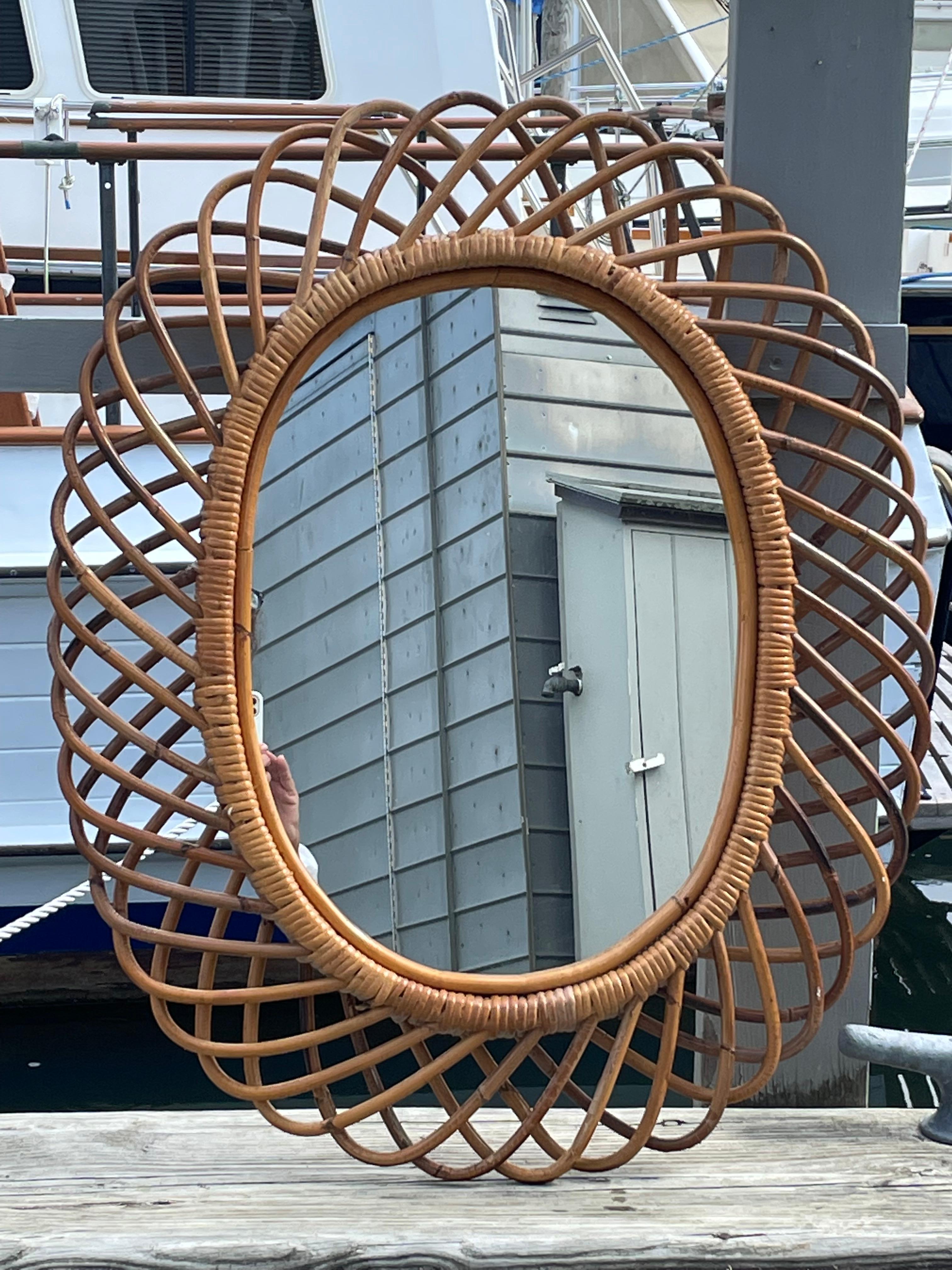 Mid Century Modern Italian Bamboo Sunburst Mirror für Rosenthal Netter (Gewebt) im Angebot