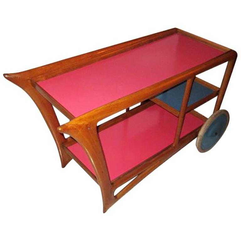 Mid-Century Modern Italian Bar Cart with Colored Tops and Castors, Milano, 1950s For Sale
