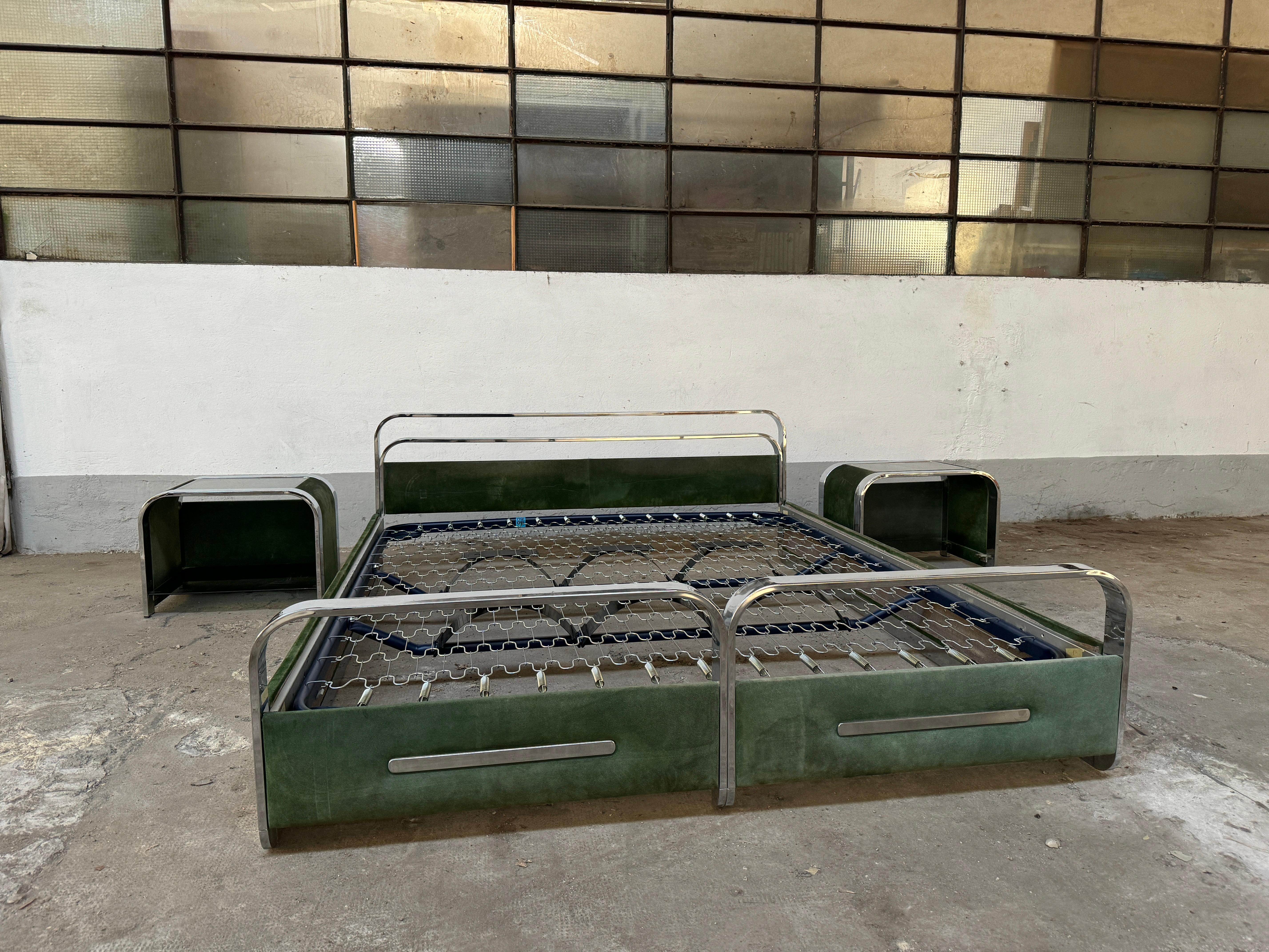 Mid-Century Modern Italian Bedroom Set  Consisting of one double bed and a pair of matching nightstands. The structure of both the bed and the nightstands is crafted from chrome and forest green suede, showcasing the finest Italian quality.