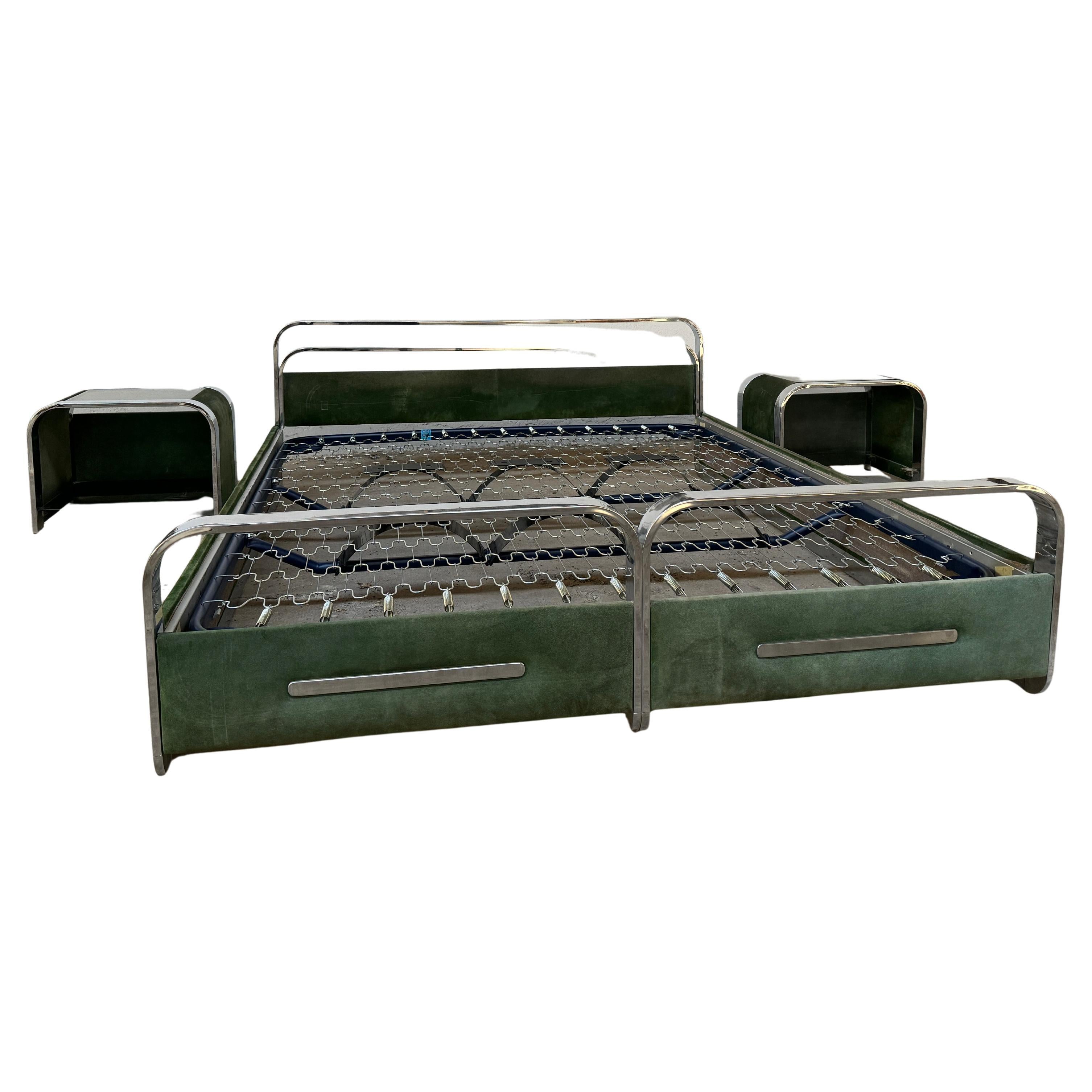Mid-Century Modern Italian Bedroom Set in Chrome and Suede. 1970s