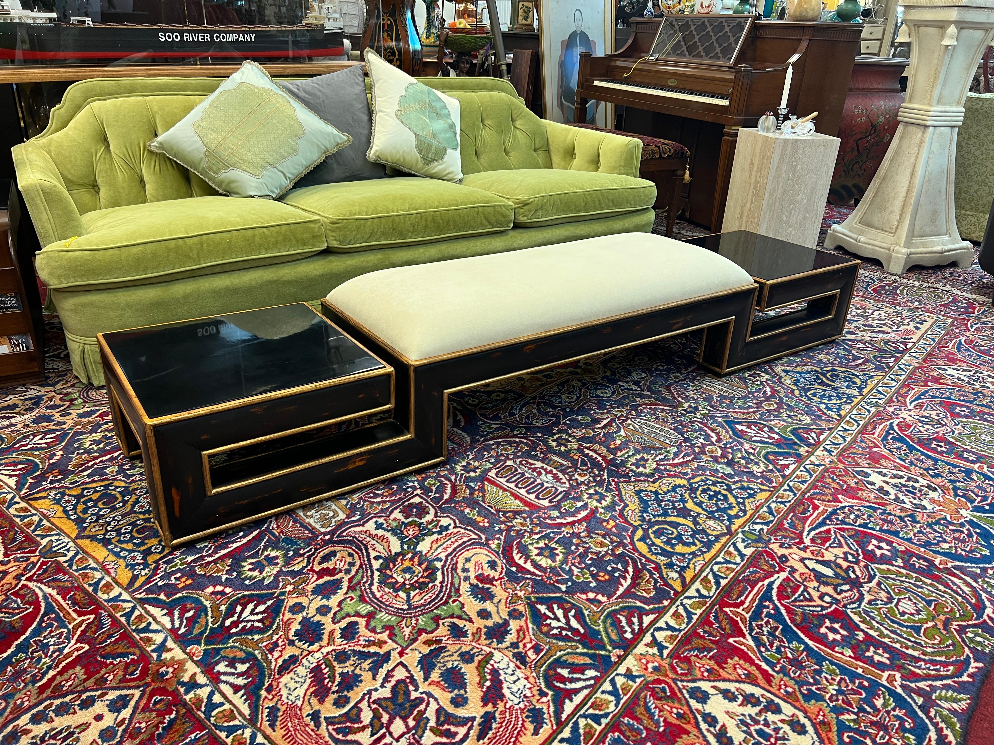 An exquisite Italian Mid-Century Modern Solid Walnut Bench/Coffee Table, a captivating fusion of materials and finishes that adds a touch of glamour and sophistication to your living space. This exceptional furniture piece combines the warmth of