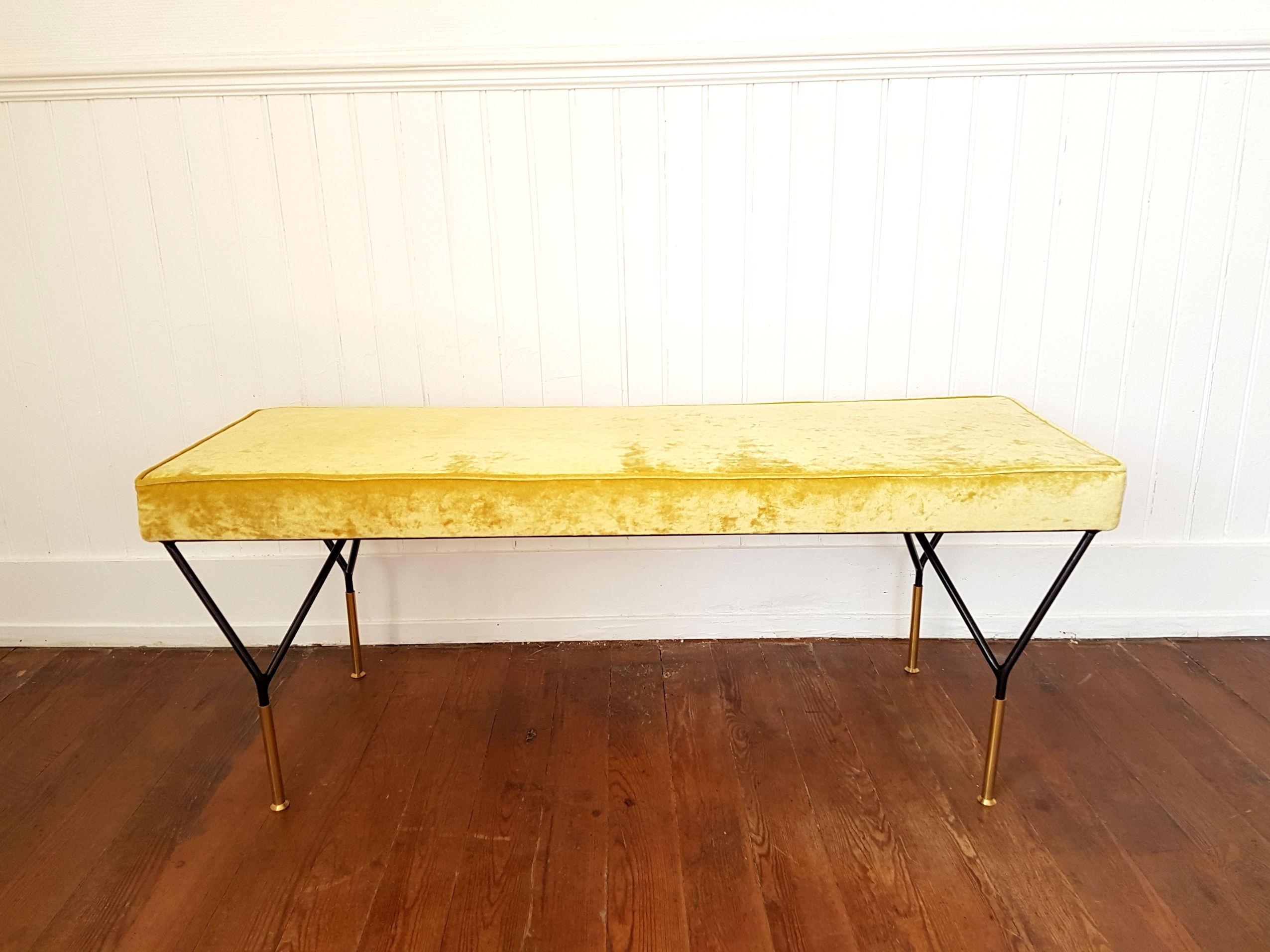 Late 20th Century Mid-Century Modern Italian Bench, Reupholstered with Yellow Velvet, circa 1980s