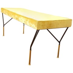 Mid-Century Modern Italian Bench, Reupholstered with Yellow Velvet, circa 1980s