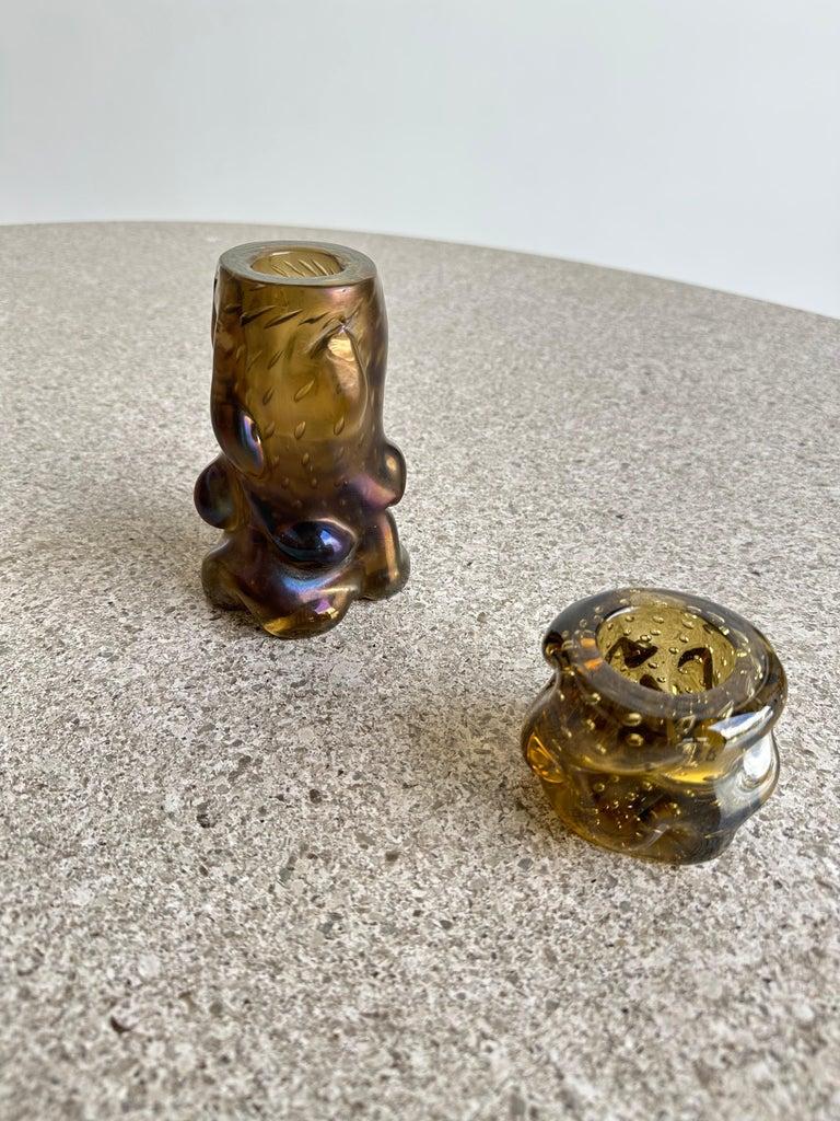 Beautiful set of two thick Murano glass candle holders in black purple reflections colors.
Both still in perfect condition.
  