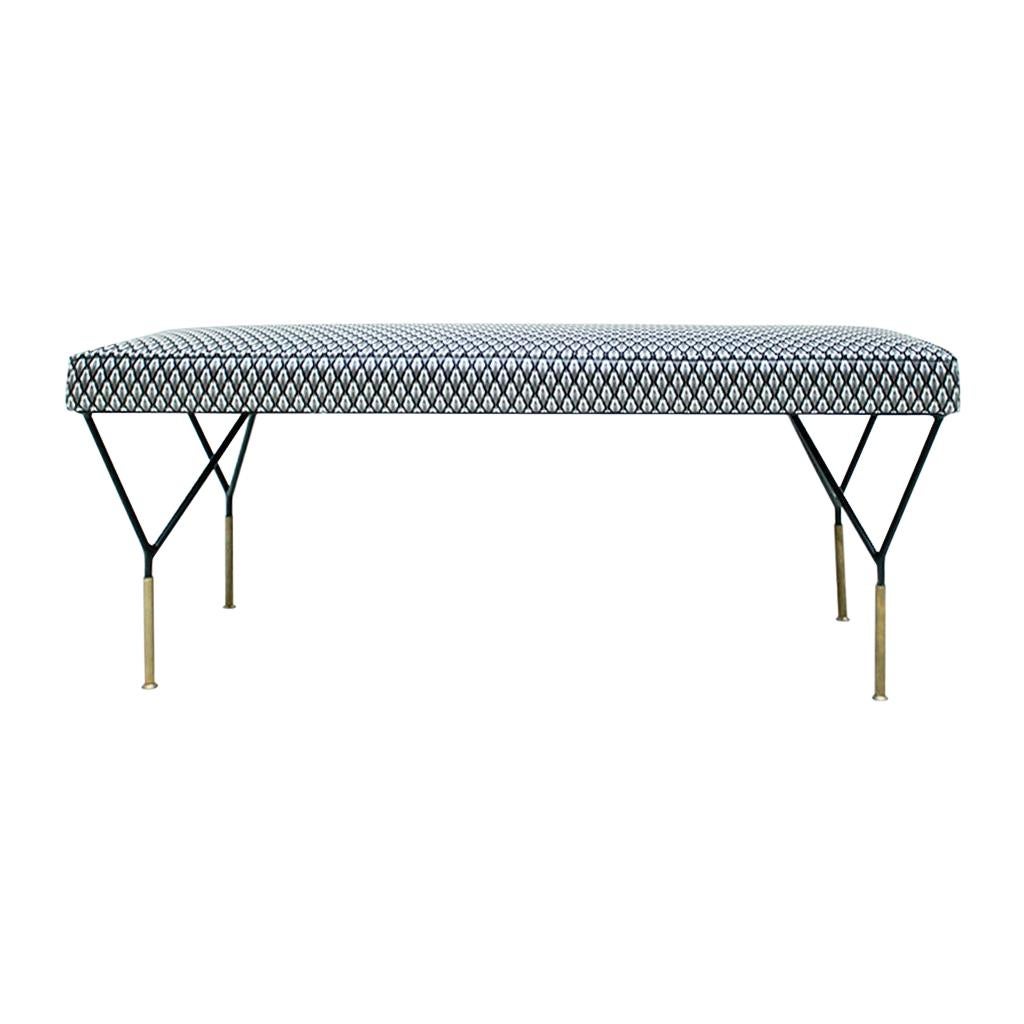 Mid-Century Modern Italian Black Lacquered Iron Brass Footstool