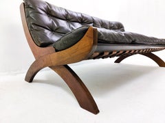 Mid-Century Modern Italian Black Leather and Wood Sofa, 1960s