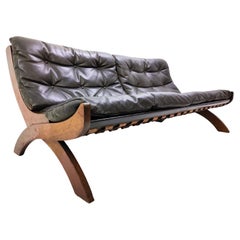 Mid-Century Modern Italian Black Leather and Wood Sofa, 1960s
