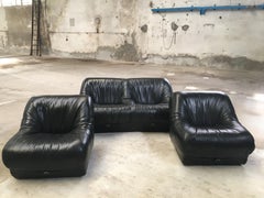 Mid-Century Modern Italian Black Leather Sofa and Pair of Armchairs. 1970s