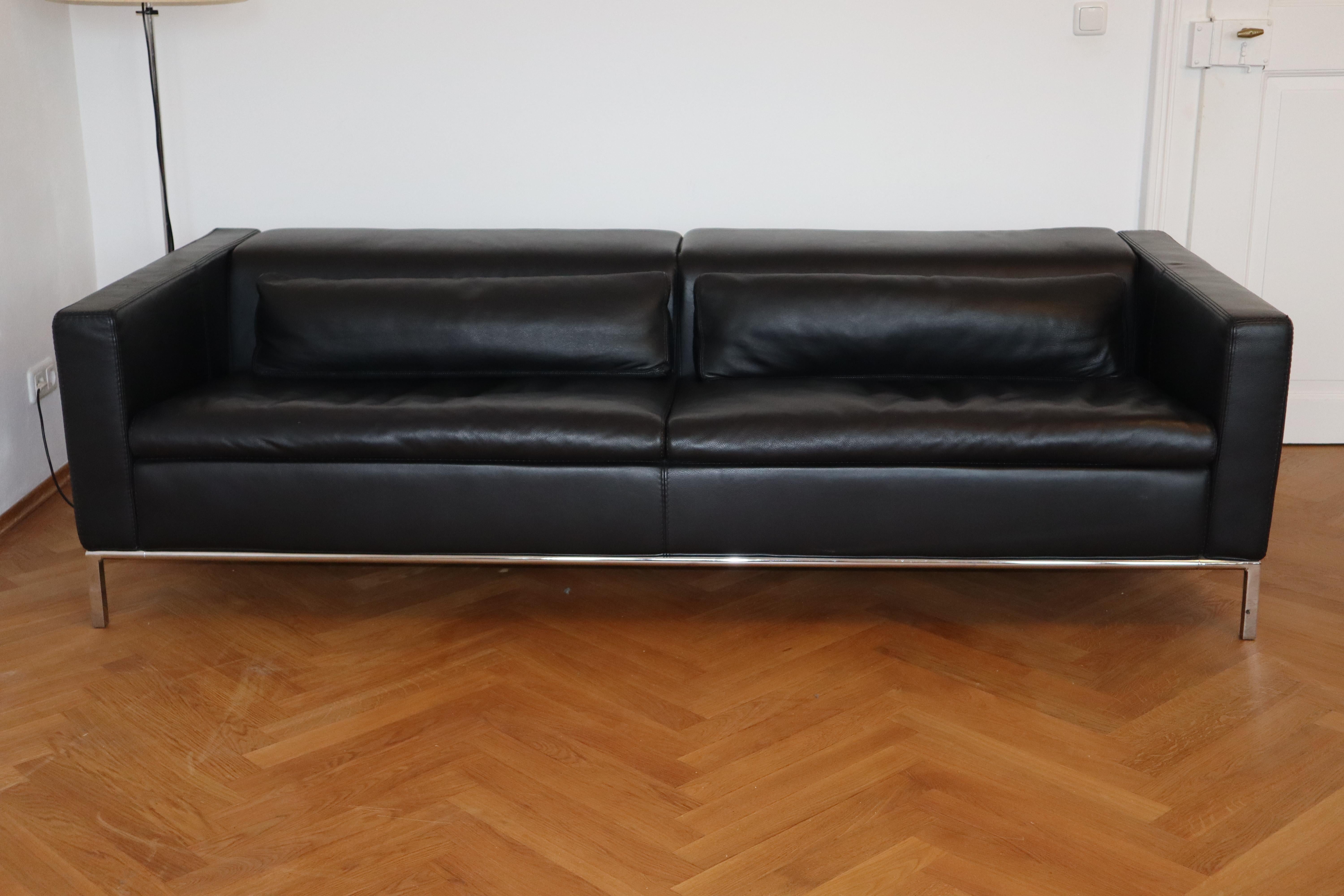 MidCentury Modern Italian Black Leather Sofa, Chrome Legs at 1stDibs
