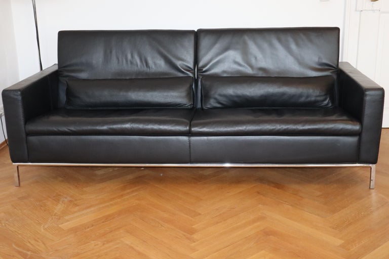 MidCentury Modern Italian Black Leather Sofa, Chrome Legs at 1stDibs